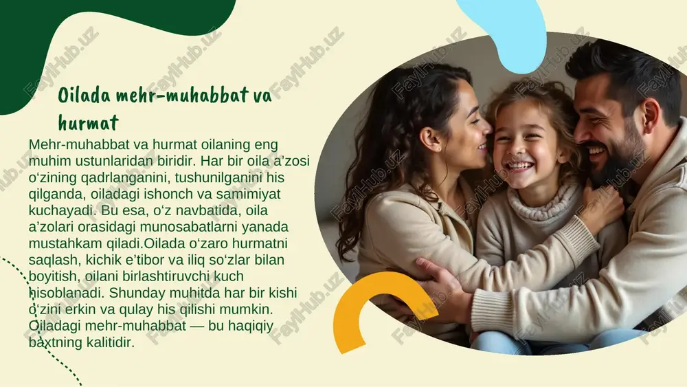 adrlangan his qilishga yordam beradi. birga quvonchli va oddiy lahzalar yaratish oilaviy baxtning kalitidir. sog‘lom turmush tarzi va dam olish sog‘lom turmush tarzi oilada baxt va muvozanatni ta’minlaydi. birgalikda sport bilan shug‘ullanish nafaqat jismoniy salomatlikni oshiradi, balki oilaviy vaqtni samarali va qiziqarli o‘tkazishga yordam beradi.sog‘lom ovqatlanish va muntazam dam olish esa stressni kamaytiradi, ruhiy holatni yaxshilaydi. bu odatlarni oilaviy hayotga kiritish oila a’zolarining bir- biriga bo‘lgan mehrini oshiradi hamda umumiy baxt va farovonlikni ta’minlaydi. doimiy o‘sish va o‘zaro qo‘llab-quvvatlash moliyaviy barqarorlik faqat moddiy jihatdan emas, oilaning ruhiy holatini yaxshilashga ham katta ta’sir ko‘rsatadi. xarajatlarni ehtiyotkorlik bilan rejalashtirish yordamida qarz va noaniqliklar kamayadi, bu esa oilada xavotirni pasaytiradi. doimiy jamg‘arish esa kelajakda yuzaga kelishi mumkin bo‘lgan kutilmagan holatlarga tayyor turishga yordam beradi. birgalikda kelajak uchun reja tuzish oilani yanada mustahkam qiladi va bir-biriga bo‘lgan ishonchni oshiradi. shu bilan, moliyaviy barqarorlik oila baxtining asosiy poydevorlaridan biridir. oilaviy an’analar va bayramlar oilaviy an’analar …