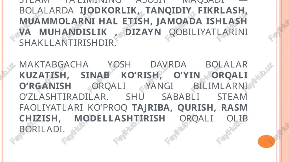 cha ta‘lim tashkilotlarida qurish-yasash va konstruksiyalashga o‘rgatishda har bir yosh guruhlaridagi rivojlanish markazlari muhim ahamiyat kasb etadi. qurish-yasash, konstruksiyalash va matematika markazida turli xil va shakllardagi qurilish elementlari mavjud bo‘lib, bolalar ulardan o‘z fantaziyasiga tayangan holda inshootlar bunyod etadilar, masalan, kuzatgan va ko‘rgan tarixiy obidalari, uylar, binolar, do‘konlar va hokazolar. qurilish bilan mashg‘ul bo‘lgan bolalar bu yerda juda ko‘p narsalarni o‘zlashtirib oladilar. bu esa bolalaarda ilk matematik qobiliyatlar va ijtimoiy ko‘nikmalarni egallashga yordam beradi, shu orqali ularda ijodiy yondoshishni namoyon etish va bajariladigan ishga diqqatni jalb etishni o‘rganadi. ushbu markazda tarbiyachilar va bolalar hohish-istagiga ko‘ra ko‘plab turli narsalarni – o‘yinchoq mashinalarni, yuk mashinalari, baland binolar, samolyotlar, turli qurilish materiallari tavsiya etiladi. maktabgacha tarbiya muassasalarida bolalarga qurish-yasash faoliyatini o‘rgatishda qurilish materiali, konstruktor, qog‘ozdan, tabiat, tashlandiq materiallaridan va boshqalardan foydalaniladi. materialni turi qurish-yasash turini aniqlab beradi. qurilish materiali – mayda va yirik-geometrik figuralardan (kub, silindr, prizma va hokazo…) iborat. mashg‘ulotlarda qurilish materiallaridan …