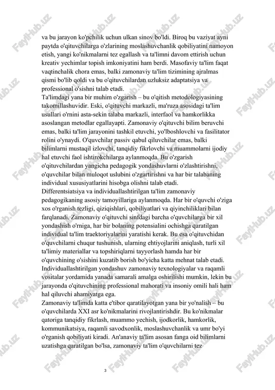 imda masofaviy va gibrid o'qitish formatlarining ahamiyatini yanada oshirdi. ko'plab o'qituvchilar bir necha kun ichida an'anaviy sinfdan virtual sinfga o'tishga majbur bo'ldilar va bu jarayon ko'pchilik uchun ulkan sinov bo'ldi. biroq bu vaziyat ayni paytda o'qituvchilarga o'zlarining moslashuvchanlik qobiliyatini namoyon etish, yangi ko'nikmalarni tez egallash va ta'limni davom ettirish uchun kreativ yechimlar topish imkoniyatini ham berdi. masofaviy ta'lim faqat vaqtinchalik chora emas, balki zamonaviy ta'lim tizimining ajralmas qismi bo'lib qoldi va bu o'qituvchilardan uzluksiz adaptatsiya va professional o'sishni talab etadi. ta'limdagi yana bir muhim o'zgarish – bu o'qitish metodologiyasining takomillashuvidir. eski, o'qituvchi markazli, ma'ruza asosidagi ta'lim usullari o'rnini asta-sekin talaba markazli, interfaol va hamkorlikka asoslangan metodlar egallayapti. zamonaviy o'qituvchi bilim beruvchi emas, balki ta'lim jarayonini tashkil etuvchi, yo'lboshlovchi va fasilitator rolini o'ynaydi. o'quvchilar passiv qabul qiluvchilar emas, balki bilimlarni mustaqil izlovchi, tanqidiy fikrlovchi va muammolarni ijodiy hal etuvchi faol ishtirokchilarga aylanmoqda. bu o'zgarish o'qituvchilardan yangicha pedagogik yondashuvlarni o'zlashtirishni, o'quvchilar bilan …