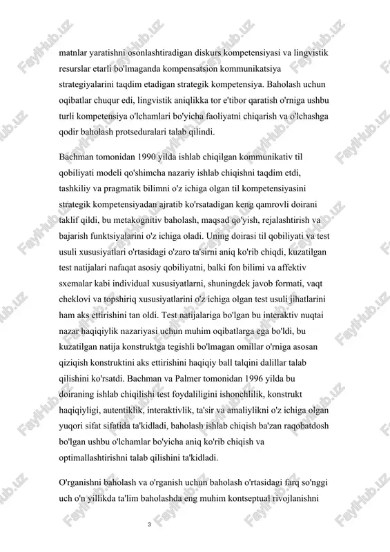 katsiya strategiyalarini taqdim etadigan strategik kompetensiya. baholash uchun oqibatlar chuqur edi, lingvistik aniqlikka tor e'tibor qaratish o'rniga ushbu turli kompetensiya o'lchamlari bo'yicha faoliyatni chiqarish va o'lchashga qodir baholash protseduralari talab qilindi. bachman tomonidan 1990 yilda ishlab chiqilgan kommunikativ til qobiliyati modeli qo'shimcha nazariy ishlab chiqishni taqdim etdi, tashkiliy va pragmatik bilimni o'z ichiga olgan til kompetensiyasini strategik kompetensiyadan ajratib ko'rsatadigan keng qamrovli doirani taklif qildi, bu metakognitiv baholash, maqsad qo'yish, rejalashtirish va bajarish funktsiyalarini o'z ichiga oladi. uning doirasi til qobiliyati va test usuli xususiyatlari o'rtasidagi o'zaro ta'sirni aniq ko'rib chiqdi, kuzatilgan test natijalari nafaqat asosiy qobiliyatni, balki fon bilimi va affektiv sxemalar kabi individual xususiyatlarni, shuningdek javob formati, vaqt cheklovi va topshiriq xususiyatlarini o'z ichiga olgan test usuli jihatlarini ham aks ettirishini tan oldi. test natijalariga bo'lgan bu interaktiv nuqtai nazar haqiqiylik nazariyasi uchun muhim oqibatlarga ega bo'ldi, bu kuzatilgan natija konstruktga tegishli bo'lmagan omillar o'rniga asosan qiziqish konstruktini …