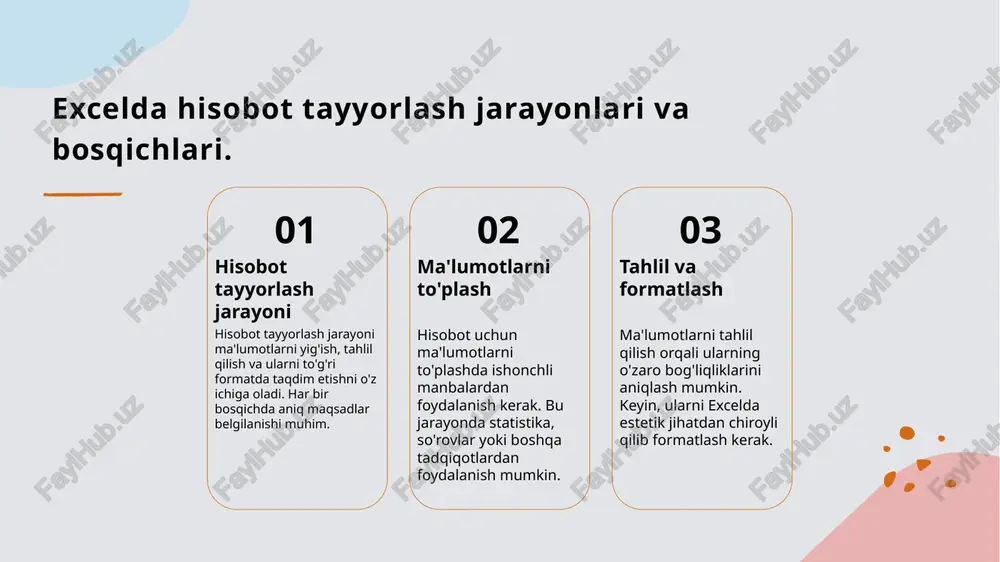t usullari - hisobotlarni taqdim etishda animatsiyalar, slaydlarda vizual elementlar va foydalanuvchi uchun qulay interfeys yaratish muhim ahamiyatga ega. 4 o'zaro aloqadorlik - interaktiv hisobotlar foydalanuvchilarga ma'lumotlarni filtr qilish va o'zaro aloqadorlikni ta'minlash orqali yanada chuqur tahlil qilish imkoniyatini beradi. o'zbek hisobot amaliyotlarida excelning roli va ahamiyati. 1 excel va hisobotlar excel dasturi o'zbekistonda hisobot tayyorlashda muhim rol o'ynaydi, chunki u tez va samarali ma'lumotlarni tahlil qilish imkoniyatini beradi. 2 ma'lumotlar oqimi o'zbek hisobot amaliyotlarida excel orqali ma'lumotlar oqimini boshqarish osonlashadi, bu esa qaror qabul qilish jarayonini tezlashtiradi va aniqlikni oshiradi. 3 taqdimot va vizualizatsiya excel yordamida tayyorlangan hisobotlar ma'lumotlarni vizual tarzda taqdim etishda muhimdir, bu esa auditoriya uchun tushunishni osonlashtiradi va ma'lumotlarni yanada qiziqarli qiladi. turli sohalarda excel yordamida hisobot tayyorlash misollari. 1 moliya hisobotlari - excel dasturida moliya hisobotlari tayyorlashda oylik xarajatlar va daromadlar bo'yicha statistik ma'lumotlar to'planadi va tahlil qilinadi. 2 savdo tahlillari - savdo sohasida excel …