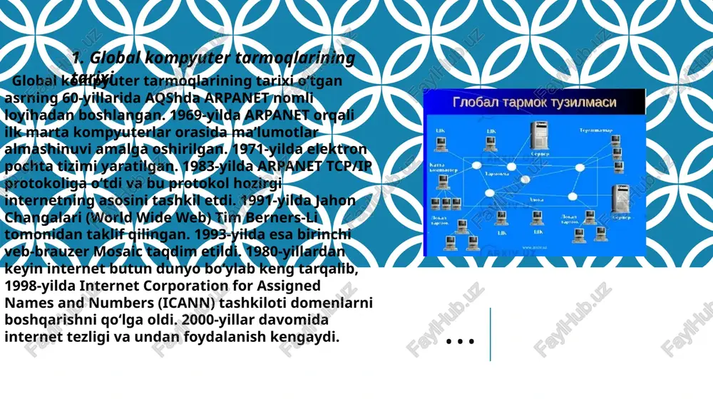 foydalanadigan shifrlash texnologiyalari 98% da ularga kiberhujumlardan samarali himoyalanish imkonini beradi. xalqaro telekommunikatsiya ittifoqi (itu) ma’lumotlariga ko‘ra, 2019-yilda global kiberxavfsizlik indeksida 40% davlatlar yuqori tayyorgarlikka ega bo‘lgan. global kompyuter tarmoqlari shuxratova asal e'tiboringiz uchun raxmat! image2.png image3.png image4.jpeg image5.png image6.jpeg