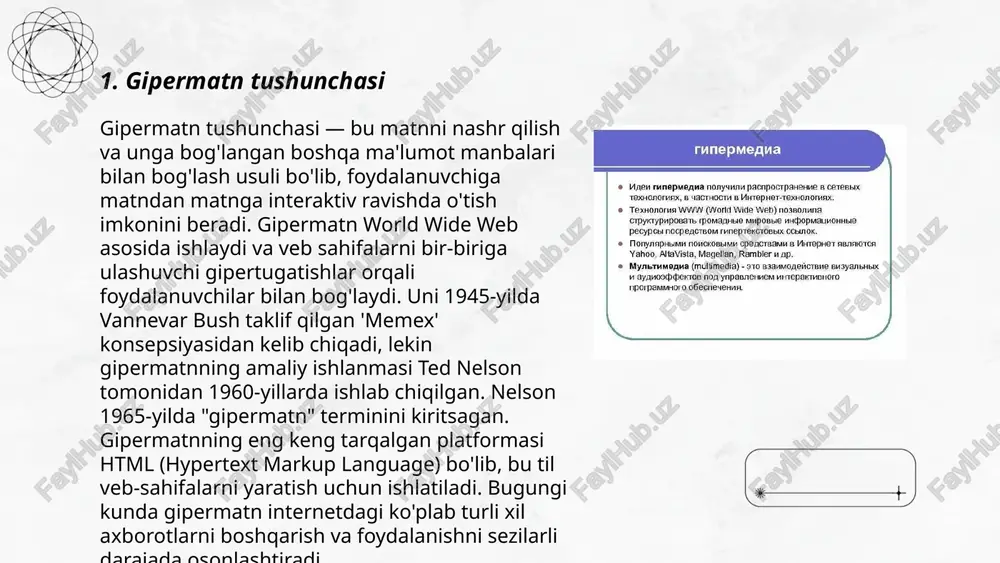 ia tizimlari odatda internet sahifalari, digital hujjatlar, ta'lim platformalari va turli dasturlar ko'rinishida yuzaga keladi. 1965-yilda ted nelson tomonidan gipermatn tushunchasi kiritilgan bo'lsa, gipermedia keyinchalik uning rivoji sifatida tug‘ilgan. bunday tizimlar foydalanuvchilarga axborotlar orasida osongina ko'chib o'tish, bog‘lanishlar yaratish va multimediya tajribasini oshirish imkoniyatini taqdim etadi. internetda sahifalar orasidagi gipermedia bog‘langan tuzilishi global aloqa tarmog‘ining asosini tashkil etadi. gipermedianing eng keng tarqalgan misoli — veb-sahifalar. gipertekst, gipermurojaat va gipermedia tushunchalarini tavsiflash shuxratova asal e'tiboringiz uchun raxmat! image1.png image2.png image3.png image4.jpeg image5.png image6.jpeg