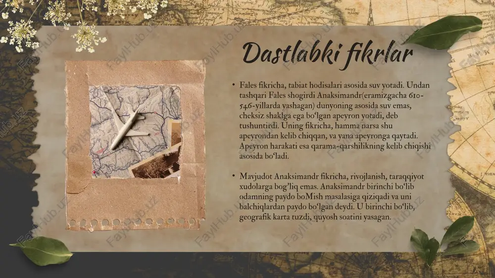 'qnashishi natijasida turli dunyolar kelib chiqqan. bu dunyolar paydo bo‘ladi, yo‘qoladi deydi. olam haqidagi fikrida ateistik qarashlar bor, u yerda zaruriyat mavjuddir, deydi. demokrit diniy xurofotlarga qarshi tan bilan ruhning o‘lishini ko‘rsatadi. undan tashqari bilish jarayonining dialektik bosqichini materialistik asosda tushuntirdi. bilish jarayonida birinchi bosqich sezgi, deb biladi. sezgi organlarimizga ta’sir etib, ongimizda tasavvur paydo qiladi. bilim uchun tafakkur kerak, deb o‘rgatadi. demokrit materializmi ateizm tarixida ham katta rol’ o‘ynadi. uning fikricha, xudoga ishonish kishilaming tabiat kuchlari oldidagi ojizligidir. demokritning siyosiy, iqtisodiy qarashlari ham demokratik edi. falsafada ikki yo‘l “demokrit yo‘li” bilan “platon yo‘li” orasida kurash ketgan. epikur demokrit yo‘lini tutganlardan biri epikurdir (341-270). u, kishi baxtiyor bo‘lishi uchun tabiat va uning qonuniyatlarini bilishi kerak, deydi. falsafani uch qismga fizika, logika (kanonika) va etikaga bomadi. epikur fizikasida atomizm himoya qilinadi va uni rivojlantiriladi. atomlaming birlashuvini o‘ziga xos erkin irodaning oqibati, deb ko‘rsatadi. garchi bu fikr idealistik harakterga ega bo‘lsa-da, stixiyali …