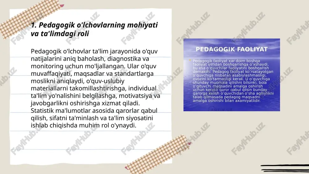 beradi. summativ o'lchov yakuniy natijani baholaydi; standartlashgan baholar, sertifikat va qarorlar uchun asos bo'ladi. pedagogik ahamiyati: 1) o'quv motivatsiyasini oshirish, 2) individual va guruh yutuqlarini ko'rsatish, 3) o'quv rejasini va resurslarni takomillashtirish, 4) ta'lim sifatini monitoring qilish va mas'uliyatni ta'minlash. ... t.me/slaydai_bot diagnostik o'lchovlar o'quvchilarning individual ehtiyojlarini aniqlash uchun zarur. ular 1) diagnostik testlar, 2) kuzatuv, 3) anketalar, 4) ijodiy va amaliy vazifalar orqali boshlang'ich bilim, erta xatoliklar, motivatsiya va o'rganish uslublarini aniqlaydi. natijalar asosida individual ta'lim yo'nalishlari, qayta o'rgatish, rivojlantirish va resurslar taqsimoti belgilanadi. doimiy monitoring, ishonchlilik va validez muhimdir. pedagogik o'lchovlarning ta'lim sohasidagi xususiyatlari va ahamiyati ravshanova izzat e'tiboringiz uchun raxmat! image1.png image2.png image3.png image4.jpg image5.png image6.jpg image7.jpg /docprops/thumbnail.jpeg