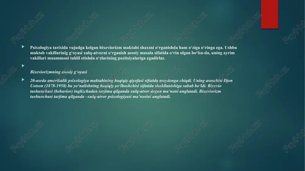 ining menligiga ega bo’lgan, o’z irodasi orqali o’zini boshqara oladigan va hatti-harakatini nazorat qila oladigan odamga aytiladi. 20 asrning boshlarida rus psixiatri p.p.viktorov shaxs tushunchasini o’zo’zini anglash va ong (anglash) bilan bog’ladi: “shaxs, individuallik, men psixologlarda tananing ichki muhitga munosabatni his qilish hamda tashqi muhitga nisbatan munosabatni his qilish”. psixolog f.barron: “inson shaxsining farqli jihati fikrlashga va masalalarni hal qilishga qodir ongning mavjudligidir”. sotsiolog ya.shepanskiy: ijtimoiylashuv jarayonida individ o’zining shaxsiy ongini va shaxsiy menini yaratadi. har bir inson oilada, kasbiy faoliyatida, do’stlar davrasida va h.k. da bajariladigan ijtimoiy rollarning miqdorini his qiladi. har bir inson o’z-o’zini tahlil qiladi, xuddi boshqalarga murojaat qilgani kabi o’ziga murojaat qiladi. e’tiboringiz uchun rahmat! image6.jpeg image7.jpeg image2.png image3.png image4.png image5.png /docprops/thumbnail.jpeg