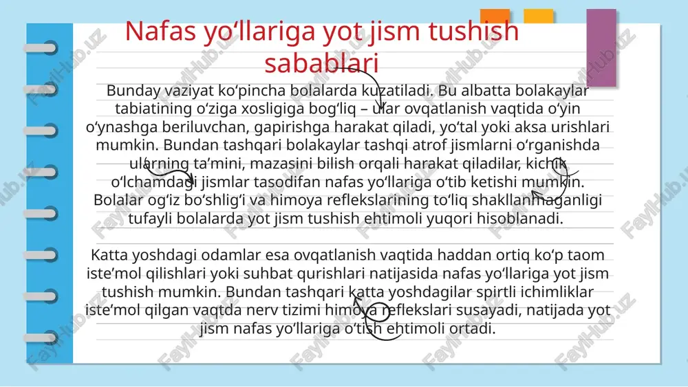 ini yuqoriga qaratgan holda ikknchi qoʻlingizga oling, soʻngra soʻrgʻichlardan bir barmoq pastki sohaga, toʻsh ustiga 5 marotaba turtki beriladi. amallarni bajarayotganda kuchli harakatlar qilmang, aks holda bolakay qovurgʻalarini sindirib qoʻyishingiz mumkin. xeymlix usulini bolalar va homiladorlarda oʻtkazishning oʻziga xosligi agar yot jism bola ogʻiz-halqum sohasida paydo boʻlsa, u koʻrinib turgan boʻlsa – uni barmoqlar yordamida olib tashlash zarur. agar yot jism chiqmagan boʻlsa yuqoridagi chora tadbirlar qayta amalga oshirilari, yoki yurak urishi toʻxtagan boʻlsa darhol oʻpka-yurak reanimatsiyasi bajariladi. 1-8 yoshgacha boʻlgan bolalarda xeymlix usuli bajarilishi: bolani oyoqlaringizni bukkan holda son ustiga qoʻying. qolgan amallar yuqoridagi tartib boʻyicha bajariladi. muhim savol: homilador ayollar nafas yoʻllariga yot jism tushganda ham qorin yuqori sohasiga kuchli bosiladimi? bu amallar homilaga salbiy taʼsir etishi mumkinmi? homilador ayollarga birinchi yordam koʻrsatish emizikli bolalardagi kabi bajariladi, yaʼni toʻsh osti sohasiga kuchli turtki beriladi. e’tiboringiz uchun rahmat!!! image1.png image2.jpg image3.png image4.png