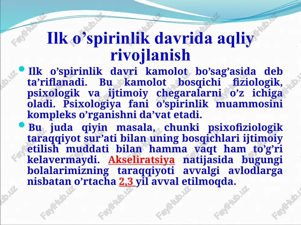 gan) tiplarni joylashtirish mumkin ilk o‘spirinlikni o’rganishda sotsiogenetik yo‘nalish ijtimoiy psixologiyaning ta’siri bilan bogliq. nemis psixologi k.levinning «maydon nazariyasi» bo‘yicha insonning xulq-atvori, bir tomondan shaxsning, ikkinchi tomondan uni o’rab turgan muhitning funksiyasidir. lekin shaxs xususiyatlari va muhit xislatlari o‘zaro bogliq. bola oiladan, maktabdan tashqarida mavjud bola olmaydi, chunki bu ijtimoiy institutlar alohida olingan individlarsiz bo’lishi mumkin emas. levin shaxsiy va muhit tarkibiy qismlarining birligi va o‘zaro ta’sirini hayotiy yoki psixologik fazo deb ataydi. levin konsepsiyasining yutugligi shundaki, u o‘spirinlikni ijtimoiy-psixologik hodisa sifatida qaraydi, shaxsning psixik taraqqiyotini uning ijtimoiy holatining o‘zgarishi bilan boglaydi. ilk o‘spirinlik biogenetik va sotsiogenetik yo‘nalishlarining umumiy xususiyati shundaki, taraqqiyotning manbaalari va harakatga keltiruvchi kuchlarini ular psixik omillardan tashqarida izlaydilar. birinchi holda organizmda ro‘y beradigan biologik jarayonlarga urg‘u beriladi, ikkinchisida shaxs ishtirok etadigan ijtimoiy jarayonlarga urg‘u beriladi. psixogenetik yo‘nalish har ikkala yo‘nalishning ahamiyatini kamaytirmagan holda, psixik jarayonlarning rivojlanishini birinchi olinga qo‘yadi. bu yo'nalishni uchga bolib o’rganish mumkin. ular:psixogenetik …