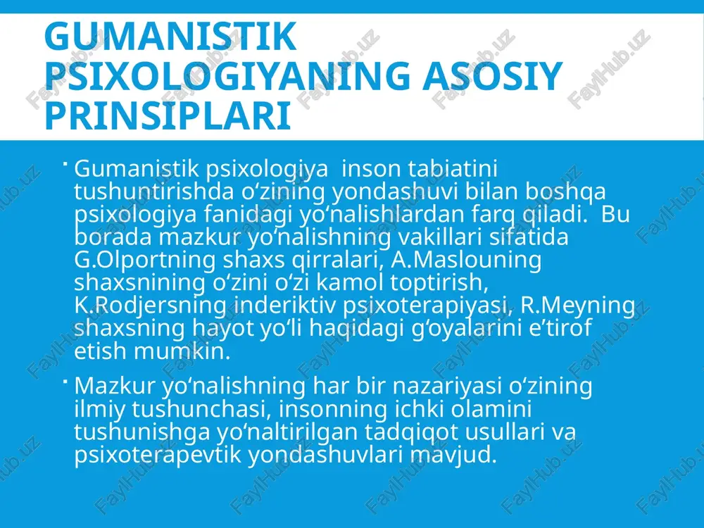 chiqqan xolda ular bilan munosabatga kirishish qobiliyati deb tavsiflaydi. u boshqa odamlarni yaxshi tushinishini ta’minlovchi bir qator sifatlarni ajratib ko‘rsatgan: bu sifatlar tarkibiga sotsial intellekt aloxida qobiliyat sifatida kiritilgan. shaxs tiplari: nazariyotchi, iqtisodchi; estetik; sotsial; siyosatchi. a.maslou shaxs nazariyasi maslou abraxam xarold (1908-1970) gumanistik psixologiya asoschilaridan biri bo‘lgan amerikalik psixolog bo‘lib, u psixologiyaga motivatsiyalarning ierarxik modelining muallifi sifatida kirib kelgan. bu ierarxiya asosida uning tug‘ma va universalligi haqidagi postulat yotadi. u inson motivatsiyasini quyidagi ketma-ketlikda tartiblab chiqqan: maslou ierarxiyasi asosiy mazmuniga ko‘ra, extiyojlarni hech qachon “hamma narsa yoki hech narsa” prinsipi asosida qondirib bo‘lmaydi. ehtiyojlar bir-biriga qisman mos keladi va insonda bir vaqtning o‘zida ikki yoki undan ortiq pog‘onadagi ehtiyojlarga motivatsiya uyg‘onishi mumkin. maslouning ehtiyojlarining ierarxik modeli doirasida o‘rtacha insonning qondirishi kerak bo‘lgan 5 ta ehtiyojlarini ko‘rsatib o‘tgan: maslou ierarxiyasi asosiy mazmuniga ko‘ra, ehtiyojlarni hech qachon “hamma narsa yoki hech narsa” prinsipi asosida qondirib bo‘lmaydi. ehtiyojlar bir-biriga qisman mos keladi …