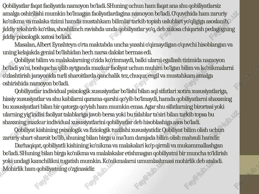 l. golubeva, v.m. rusalov). boshqa yo‘nalish – qobiliyatlarni individual, o‘yin, o‘quv, mehnat faoliyatida tadqiq qilish (a.n. leontevning faoliyatga yondoshuvidan). bu yo‘nalish faoliyat bo‘yicha qobiliyatlarning rivojlanish aniqlovchilarini o‘rganadi, bunda iste’dod nishonalari ahamiyatga olinmaydi. keyinchalik s.l. rubinshteyn maktabida (a.v. brushlinskiy, k.a. abdulxanova-slavskaya) qobiliyatlar muammosini o‘rganishga o‘zaro kelishuvga asoslangan nuqtai nazar tarkib topdi. bu qarashning tarafdorlari bo‘lgan olimlar, odamda yuzaga keladigan qobiliyatlarni iste’dod nishonalari asosida, faoliyat usullarining rivojlanishi sifatida ko‘rib chiqqan edilar. qobiliyatlarning juda ko‘p turlari mavjud. hozirgi zamon psixologiyasida inson qobiliyatlarining tasniflanish turlari ko‘pchilikni tashkil etadi. ularning ichidagi umumiy tasniflashga ko‘ra qobiliyatlar ikki guruhga: umumiy va maxsus qobiliyatlarga bo‘ladi. bu guruhlarning har biri oddiy va murakkab, guruh ichida esa alohida turlarga bo‘linadi. umumiy boshlang‘ich qobiliyatlar – bu qobiliyatlar turli darajadagi ifodalanishda bo‘lsada, barcha odamlarga xos. ularga psixik aks ettirishning asosiy shakllari: sezish, idrok qilish, esda olib qolish, qayg‘urish, fikrlash, xayol surish, qaror qabul qilish va amalga oshirish kiradi. bu qobiliyatlarning boshlang‘ich ifodalari …