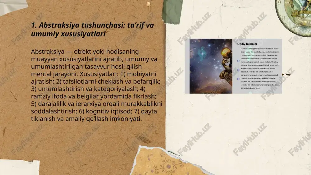 echish jarayoni; bu idrok mazmunini umumlashtirish va konseptual tasavvur hosil qilishga xizmat qiladi. idrok sezgi maʼlumotlarini toʻplab, tasvir va obyektlarni aniqlaydi; eʼtibor esa muhim elementlarni tanlab, abstraksiya jarayonini ragʻbatlantiradi. eʼtibor yoʻnalishi va intensivligi abstrakt tushunchalarning shakllanish tezligi va aniqligiga taʼsir koʻrsatadi. xulosa va hukm: abstraksiya, idrok va eʼtibor o‘zaro bogʻliq, samarali fikrlash va muammoni hal etishda integratsiyalashgan faoliyatni tashkil qiladi. ... t.me/slaydai_bot 7. abstraksiya va xotira: maʼlumotlarni saqlash va qayta tiklash abstraksiya — maʼlumotlardan umumiy, muhim xususiyatlarni ajratib olish va tafsilotlarni chetga surish jarayoni. xotira jarayonlari: kodlash, saqlash, konsolidatsiya, qayta tiklash. xotira turlari: sensor, qisqa muddatli, uzoq muddatli; uzoq muddatli: epizodik, semantik, protsedural. abstraksiya maʼlumotni siqadi, bo‘laklash (chunking) va sxemalar orqali kodlashni osonlashtiradi, interferentsiyani kamaytiradi va qayta tiklashni yaxshilaydi. konsolidatsiya uyqu va takrorlash orqali kuchayadi. pedagogik xulosalar: abstraktiv mashqlar eslab qolishni va qoʻllashni oshiradi. ... t.me/slaydai_bot abstraksiya — asosiy va muhim xususiyatlarni umumlashtirish, tafsilotlardan ajratib olish jarayoni. tasavvur — yangi …