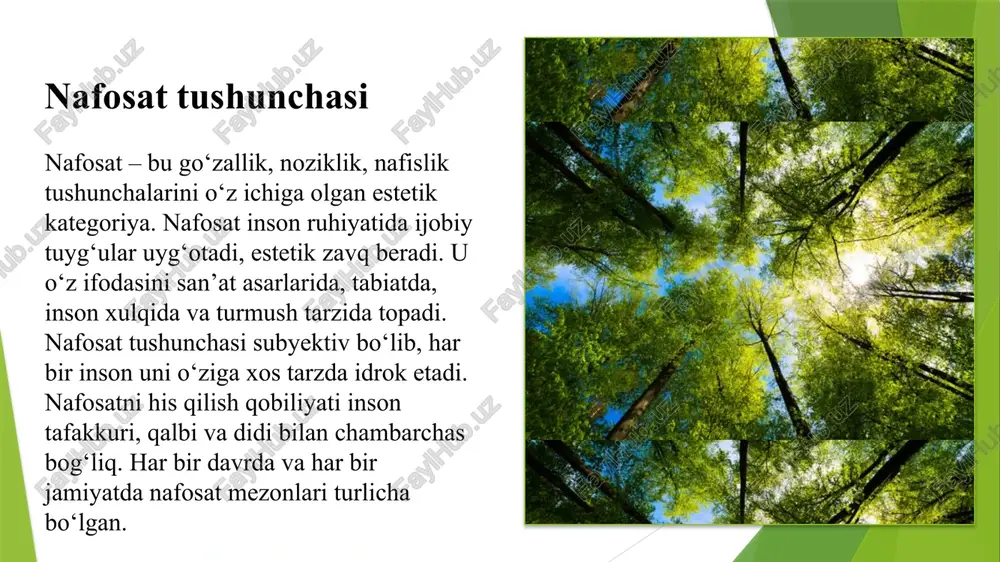 ashlarning zamonaviy tendensiyalar bilan uyg‘unlashuviga olib keladi. nafosat va axloq estetika va axloq bir-biri bilan uzviy bog‘liq. go‘zallik ko‘pincha yaxshilik bilan uyg‘unlashadi. ko‘plab falsafiy qarashlarda go‘zal narsa – bu ayni paytda axloqiy hamdir, degan g‘oya ilgari surilgan. axloqiy qadriyatlar nafosatni to‘ldiradi, chunki go‘zallik faqat tashqi emas, balki ichki, ma’naviy go‘zallikni ham anglatadi. shunday qilib, nafosat insonni nafaqat go‘zallikni ko‘rishga, balki axloqiy fazilatlarni qadrlashga ham o‘rgatadi. estetik tarbiya estetik tarbiya – bu insonni go‘zallikka, nafislikka, didga o‘rgatish jarayonidir. estetik tarbiya orqali inson san’atni anglaydi, qadrlaydi va undan estetik zavq oladi. maktab, oila, san’at muassasalari estetik tarbiyada asosiy rolni o‘ynaydi. musiqa tinglash, rasm chizish, teatr tomosha qilish estetik his-tuyg‘ularni shakllantiradi. estetik tarbiya orqali inson didli, madaniyatli va ijobiy qarashli shaxsga aylanadi. xulosa nafosat falsafasi inson tafakkuri, ruhiyati va didining yuksalishida muhim ahamiyatga ega. go‘zallikni anglash va qadrlash insoniyat madaniyatining ajralmas qismidir. estetika – bu nafaqat fan, balki insoniylik mezonidir. nafosat orqali inson …