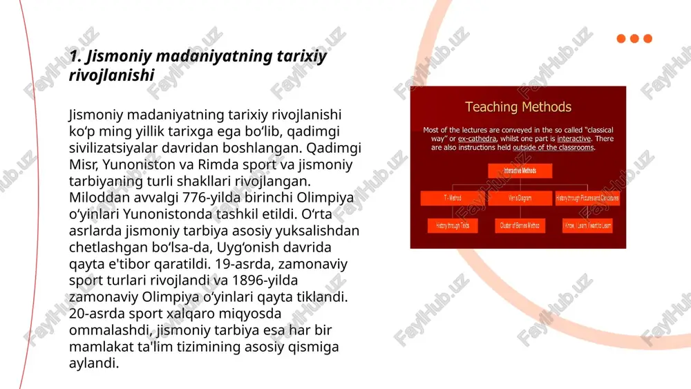 hilaydigan muhim omillardir. dunyo sog‘liqni saqlash tashkiloti (dsst) ma’lumotlariga ko‘ra, jismoniy faollik yetishmasligi global o‘limning 6% sababchisidir. haftasiga kamida 150 daqiqa o‘rtacha darajadagi mashqlar yoki 75 daqiqa yuqori intensivlik mashqlari tavsiya etiladi. o'zbekistonning 2023-yilgi aholi salomatligi tadqiqotlari shuni ko'rsatdiki, aholining 30% muntazam ravishda jismoniy faoliyat bilan shug'ullanmaydi. zamonaviy hayot tarzi zararli odatlarga qarshi kurash va sog‘lom turmush tarzi bilan shug‘ullanishingiz lozimligini ko‘rsatmoqda. sog‘lom oziq-ovqat iste'moli va muntazam harakat jismoniy va ruhiy salomatlikni qo‘llab-quvvatlaydi. ... t.me/slaydai_bot 7. sport mashqlari va ularning turlari sport mashqlari jismoniy holatni yaxshilash, sog‘lom turmush tarzini saqlash va tanani chiniqtirish uchun muhimdir. ularning asosiy turlari orasida: kardio mashqlar (yugurish, velosiped haydash), kuch mashqlari (og‘irlik ko‘tarish, shtanga bilan ishlash), moslashuvchanlik mashqlari (yoga, raqs), tezlik va chidamlilik mashqlari (sprinter yugurish, intervalli mashqlar), hamda balans va koordinatsiya mashqlari (tai chi, pilates) kiradi. sport mashqlari erta qarishdan saqlaydi, immunitetni kuchaytiradi va stressni kamaytiradi. haftada kamida 150 daqiqa o‘rtacha yoki 75 daqiqa …