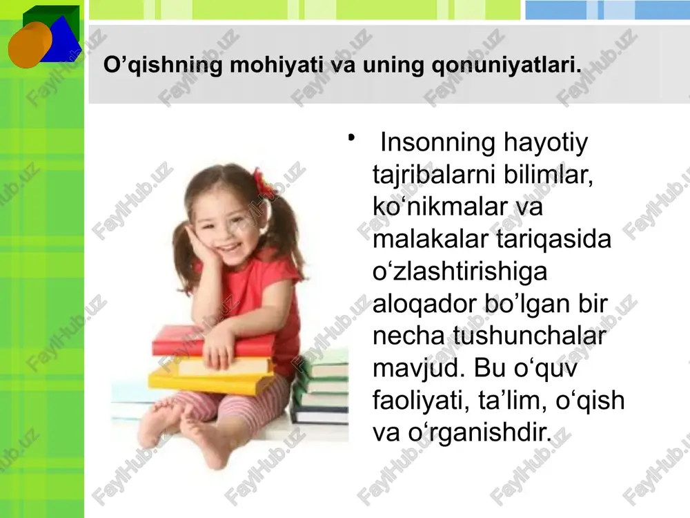 ro‘y berishi mumkin. ta’lim, o‘qish va o‘rganish orasidagi yana bir farq ma’lumotlarni o‘zlashtirishga tayyorlik turli yosh davrlarida turlicha namoyon bo‘ladi. 0‘rganishning elemantar turlari — imprinting, shartli reflektor va operant turlariga - bola tug‘ilishi bilanoq amalda tayyor boladi. 0’qish bilim, malaka va ko'nikmalarni o'zlashtirish uchun ongli, maqsadga yo'naltirilgan qobiliyat sifatida bolada 4—5 yoshligida namoyon boladi, mustaqil o'qishga tayyorlik maktabning birinchi sinflarida, ya’ni 6-7 yosh atroflda vujudga keladi. 0‘rganish jarayoni faoliyat sifatida quyidagi o‘quv-intellektual mexanizmlar hisobiga amalga oshadi: o‘quv faoliyatini boshqarish o‘quv faoliyatini boshqarish o‘z-o‘zini boshqarishning tarkibiy qismi bo‘lib, o'quvchilarni mustaqil bilim olish, ijodiy fikrlash sari yetaklaydi o‘quv faoliyatini boshqarishning tarkibiy qismlarini rejalashtirish, o‘zini nazorat qilish, bilishga qiziqishdan iborat bo‘lib, o‘zaro jips bir-biri bilan aloqada hukm suradi. boshqaruv bu shunday yo‘naltiruvchi kuchki, u insonlardagi ijodiy potensial imkoniyatlarini oladigan sharoitlarni yuzaga chiqarishni maqsad qilib qo‘yadi. . boshqarishning vazifasi • birinchi vazifasi tashkiliy bo‘lib, o‘quvchilarning ta’lim va tarbiyasi bo‘yicha ijtimoiy buyurtmalarni qondirish; • ikkinchi …