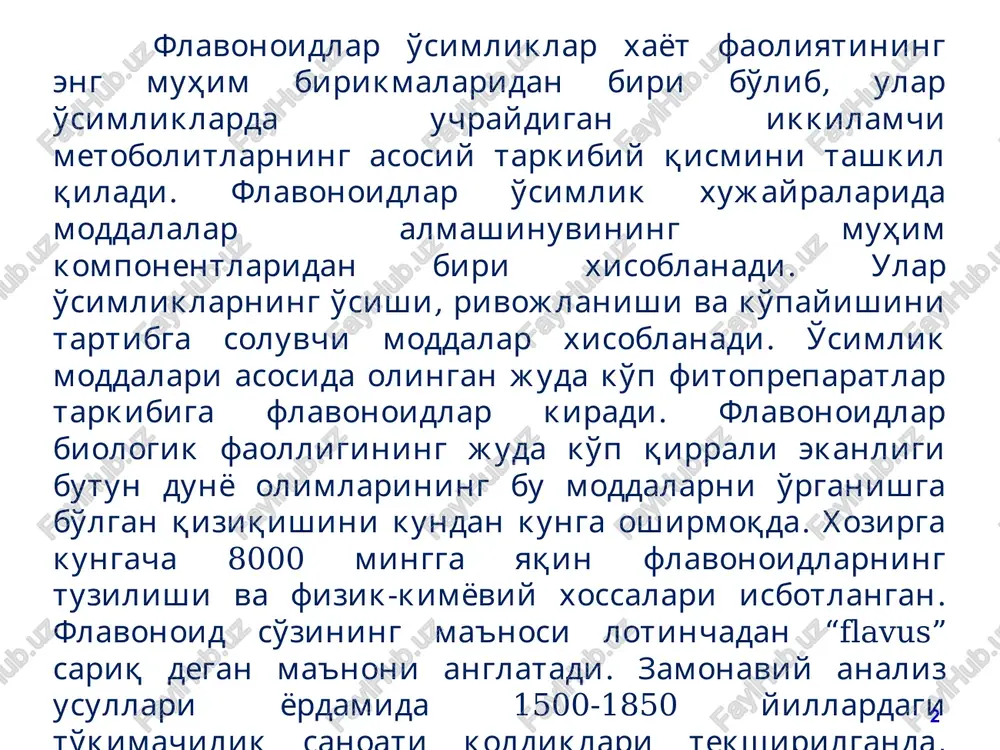i va bir-biriga oson o'tib turadi. ishqoriy muhit xalkonlarning hosil bo'lishiga, kislotali muhit esa flavanonlarning hosil bo'lishiga yordam beradi. flavanonlar ichida 5-dezoksiflavanonlar xalkonlarga oson aylanadilar. likviritigenin (flavanon) izolikviritigenin (xalkon) flavanonlar 10 flavanonlardan s-3 da on guruxining mavjudligi bilan farqlanadi va xuddi katexinlarga o'xshab molekulasida 2 ta asimmetrik (s-2 i s-3) markazga ega bo'ladi. ko'pchilik tabiiy flavanonollar uchun s-2 i s-3 xiral uglerod atomlari o'rinbosarlarida tegishli trans-formaga xos bo'lgan 2r,3r-konfiguratsiya mavjud. ular juda labil bo'lganligi uchun o'simliklarda katta miqdorda to'planmaydilar. ub-spektrda flavanonollar 289 nm da bitta intensiv maksimum yutilish namoyon qiladilar. flavanonollar (digidroflavonollar) o'simliklarning katta guruxi moddalari hisoblanadi. flavonlar geteroxalqaning s-2 va s-3 o'rtasida qo'shbog' tutadi va shuning uchun ular stabil bo'ladilar va sariq rangga ega. ko'pchilik flavonoid birikmalar trivial nomga ega. flavonlarni o'simliklarning er ustki qismining o'sish va gullash davrida ko'proq uchratish mumkin. flavonlar 11 apigenin lyuteolin 12 flavonollar flavonlardan s-3 holatida on-guruxining mavjudligi bilan farqlanadilar. bu flavonoid birikmalarning oksidlangan …