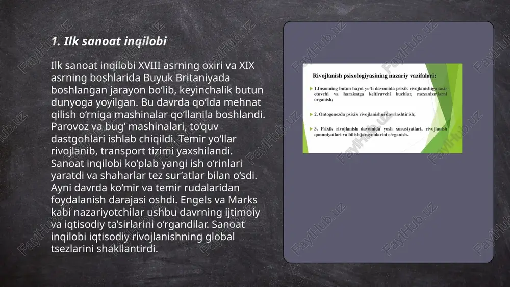 me/slaydai_bot ikkinchi sanoat inqilobi 19-asr oxiri va 20-asr boshlarida sodir bo'ldi. bu davrda elektr energiyasi keng qo'llanildi, kimyo, po'lat va neft sanoatlari rivojlandi. 1870-1914 yillar oralig'ida transport vositalari, aloqa texnologiyalari va massaviy ishlab chiqarish tizimlarida katta o'zgarishlar yuz berdi. temir yo'llar kengaytirilib, avtomobillar va samolyotlar paydo bo'ldi. telefon va telegraf orqali aloqa yanada yaxshilandi. bu davrda ishlab chiqarilayotgan mahsulot hajmi oshib, xalqaro savdo hajmi sezilarli darajada kengaydi. sanoat markazlari va shaharlashuv jarayoni tezlashdi. bu davrda ko'plab patentlar ro'yxatga olingan, ilmlar va texnologiyalar tez rivojlangan. ... t.me/slaydai_bot 7. avtomatlashtirishning boshlanishi avtomatlashtirishning boshlanishi 18-asrning oxiri va 19-asrning boshlariga to'g'ri keladi. angliyada sanoat inqilobi davrida dastlabki avtomatlashtirilgan mexanizmlar ishlab chiqilgan. 1784-yilda edmund kartvayt paxta to'qish dastgohini ixtiro qildi, bu esa jarayonni jadallashtirdi. 1801-yilda jyosef mari jakkar tomonidan ixtiro qilingan to'qish dastgohi esa kartina to'qishga imkon berdi, bu texnologik yutuq edi. 19-asrda bug' mashinalari va mexanik tizimlar sanoat ishlab chiqarishda keng qo'llanila boshlandi, bu …