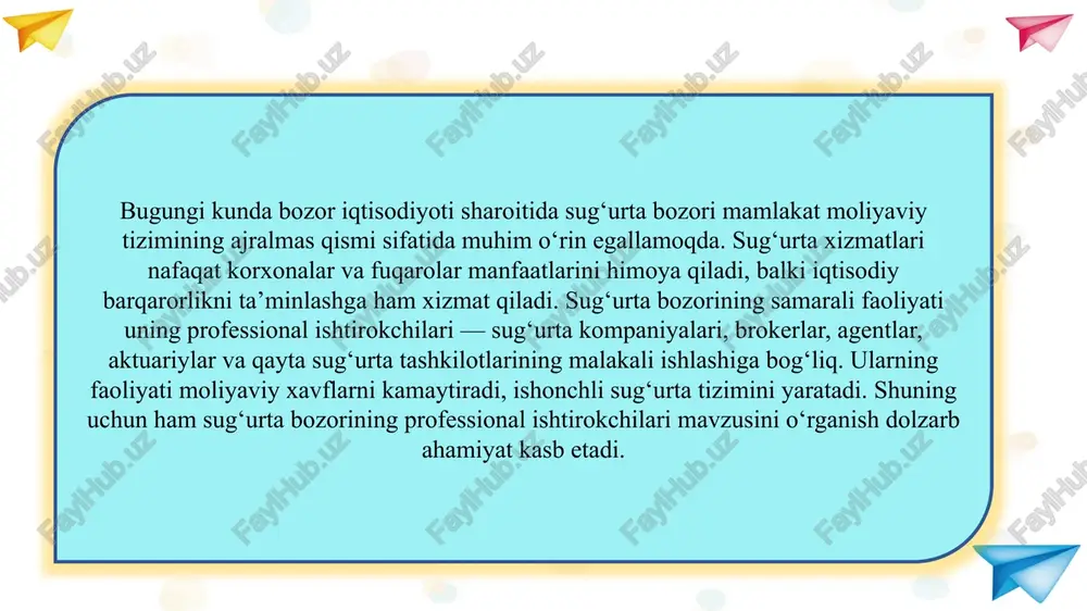 sh va mijozlarni jalb etish b) risklarni qayta sug‘urtalash c) sug‘urta to‘lovlarini nazorat qilish d) sug‘urta kompaniyalarini audit qilish 6. o‘zbekiston sug‘urta bozorini kim nazorat qiladi? a) moliya vazirligi huzuridagi sug‘urta bozorini rivojlantirish agentligi b) adliya vazirligi c) soliq qo‘mitasi d) tashqi ishlar vazirligi 7. sug‘urta bozorida professional ishtirokchilarning asosiy maqsadi nima? a) sug‘urta bozorida foyda olish b) risklarni boshqarish va mijozlar manfaatini himoya qilish c) faqat davlat manfaatlarini himoya qilish d) bozorni raqobatsiz qilish 8. sug‘urta bozorida raqamli texnologiyalarning joriy etilishi nimani ta’minlaydi? a) faqat xarajatlarni oshiradi b) xizmat ko‘rsatish tezligi va qulayligini oshiradi c) sug‘urta kompaniyalarini kamaytiradi d) bozorni yopadi 9. sug‘urta kompaniyalari faoliyatini tartibga soluvchi asosiy hujjat qaysi? a) “sug‘urta faoliyati to‘g‘risida”gi qonun b) “davlat budjeti to‘g‘risida”gi qonun c) “banklar to‘g‘risida”gi qonun d) “investitsiyalar to‘g‘risida”gi qonun 10. sug‘urta bozorining rivojlanishida professional ishtirokchilarning o‘rni nimada? a) ular bozor faoliyatini to‘xtatadi b) ular risklarni kamaytiradi va xizmat sifatini oshiradi …