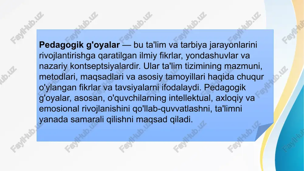 ini va ma'naviy fazilatlarni shakllantirishni ta'kidlagan. platonning eng mashhur asari "respublika"da, ta'limning maqsadi faqat bilim berish emas, balki axloqiy va ruhiy rivojlanish, adolatli jamiyat yaratishga xizmat qilish deb qaragan. platonning ta'limga yondashuvi, o'qituvchining shaxsiy yuksak fazilatlari bilan bog'liq ekanligini ko'rsatadi. aristotel: aristotel ta'limda ilmiy va amaliy bilimlarni ajratib ko'rsatgan va ta'limni umumiy bilim va amaliy fazilatlarni rivojlantirishga yo'naltirgan. uning ta'limdagi asosiy g'oyasi "oltin o'rtacha" tamoyili bo'lib, bu, odamlarning ijtimoiy va axloqiy jihatdan to'liq rivojlanishi uchun kerakli muvozanatni anglatadi. aristotelning fikricha, ta'lim nafaqat aqlli, balki axloqiy yuksak fazilatlarni ham rivojlantirishga yordam berishi kerak. sharqdagi pedagogik g'oyalar: confutsiy va al-farobiy sharqdagi pedagogik g'oyalar ham muhim tarixiy merosdir. sharq sivilizatsiyasida, ayniqsa confutsiy va al-farobiy kabi buyuk shaxslar ta'lim va tarbiya haqidagi o'z g'oyalarini ilgari surgan. confutsiy (kong fuzi): confutsiyning ta'lim g'oyalari xitoy pedagogikasining asosini tashkil etadi. u ta'limni ijtimoiy ahamiyatga ega deb bilgan va axloqiy fazilatlarni, xususan, hurmat, adolat, to'g'rilik va muvozanatni o'rgatishni …