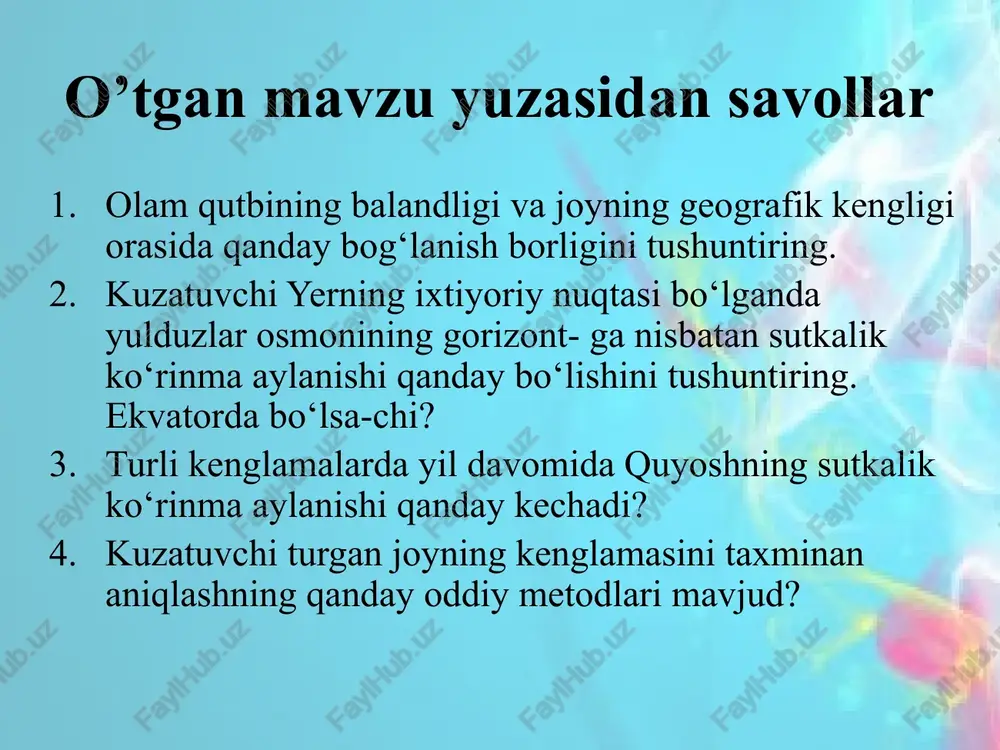 kkinchi kuni ko‘rinadi. bunday holatda oyning quyosh bilan yoritilmagan qismi ham xira kulrang shaklda ko‘zga tashlanadi. oyning quyosh bilan yoritilmagan qismining bunday xira ko‘rinishi yerdan qaytgan quyosh nurlari bilan uning yoritilganligi tufayli sodir bo‘ladi. oy fazalarining almashinishi uning yer va quyoshga nisbatan tutgan vaziyatiga bog‘liqligi rasmda keltirilgan. 8 7 oy orbitasi 1 6 yer 2 5 3 4 1 2 3 4 5 6 7 8 oyning ma’lum fazasidan (masalan, to‘linoydan) ikki marta ketma-ket o‘tishi orasidagi vaqt 29,53 sutkani tashkil etib, u oyning sinodik davri deyiladi. oyning yer atrofida aylanish siderik va sinodik davrlarini tushuntirish. rasmda oyning sinodik davri qanday qilib siderik davridan katta bo‘lishi tushuntirilgan. bunda oy yerning atrofida aylanayotib 1-holatda bo‘lganda, u m yulduzning to‘g‘risida to‘linoy fazasida bo‘lishi chizmadan aniq ko‘rinib turibdi. 27,32 kundan so‘ng, ya’ni oyning yer atrofida bir marta to‘la aylanib chiqqanidan keyin u 2-holatda bo‘lib, yana m yulduzning to‘g‘risida turadi, lekin hali to‘linoy fazasigacha yetib …