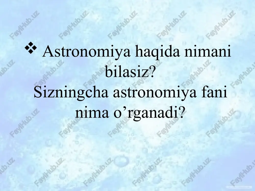 nma harakatlari bulutsiz tunda osmonda shoda- shoda yulduzlarni ko‘rib, undan zavq olmagan odam bo‘lmasa kerak. garchi bir qarashda yulduzlarning son-sanog‘i yo‘qdek tuyulsa-da, aslida oddiy ko‘z bilan qaralganda, osmonning ma’lum yarim sferasida ularning ko‘rinadigan soni 3000 dan ortmaydi. agar tunda ma’lum bir joydan turib yulduzlar bir necha soat davomida tinimsiz kuzatilsa, butun osmon sferasining yulduzlari kuzatuvchidan o‘tuvchi faraziy o‘q (u olam o‘qi deb yuritiladi) atrofida aylanayotganini ko‘rish mumkin. bunday aylanish davomida ixtiyoriy yoritgich o‘z vaziyatini gorizont tomonlariga nisbatan o‘zgartirib boradi. yulduzlar osmonining bunday ko‘rinma aylanish davri bir sutkani tashkil qiladi. janub tomonga qarab turgan kuzatuvchiga yoritgichlar chapdan o‘ngga, ya’ni soat strelkasi yo‘nalishida hara- katlanayotgandek ko‘rinadi. agar kuzatuvchi ma’lum vaqt davomida fotoapparat yordamida osmonning shimoliy qismini rasmga olsa, ma’lum qism yulduzlar sharqdan chiqib, g‘arbga botgani holda, botmaydiganlari ma’lum qo‘zg‘almas nuqta atrofida konsentrik aylanalar (markazi bir nuqtada bo‘lgan aylanalar) chizayot- ganini ko‘radi. aslida bunday hodisa yerning o‘z o‘qi atrofida aylanishi tufayli sodir bo‘ladi …