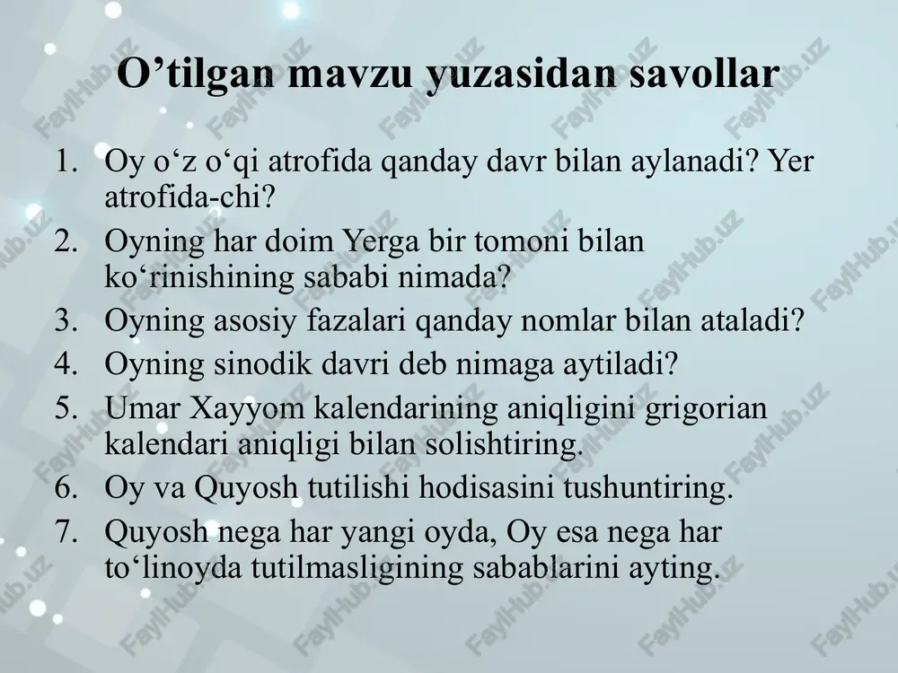 ana bo‘ylab harakatlanadi 2gm rå bordi-yu yer sirtidan ko‘tarilgan sun’iy yo‘ldoshning boshlang‘ich tezligi birinchi kosmik tezlikdan katta bo‘lsa, sun’iy yo‘ldosh orbitasining shakli ellips korinishida bo‘ladi . boshqacha aytganda, boshlang‘ich tezlikning qiymati u0 = erishgandan so‘nggina, sun’iy yo‘ldosh yer atrofida unga nisbatan parabolik trayektoriya bo‘ylab harakatlanadi. bunday tezlikning kattaligi 11,2 km , ya’ni (7,91 × 1,41) km bo‘lib, u ikkinchi kosmik tezlik deyiladi. mavzuni mustahkamlash uchun savollar ellips deb qanday yopiq egri chiziqqa aytiladi? keplerning birinchi va ikkinchi qonunlarini ta’riflang. keplerning uchinchi qonunida planetaning davri uning orbitasining katta yarim o‘qi bilan qanday bog‘langan? tortishish maydonida harakatlanayotgan jismning trayektoriyalari qanday ko‘- rinishda bo‘ladi? tortishishning maydonida harakatlanayotgan jismning birinchi va ikkinchi kosmik tezliklari qanday formulalardan topiladi? tortishishning markaziy maydoni bo‘lib qanday jismning maydoni qabul qilingan? guruhlar uchun savollar 1-guruh keplerning umumlashtirilgan iii qonunining matematik ifodasini yozib tu- shuntiring. quyosh sistemasi jismlarining massalari bu qonun asosida qanday hisoblanadi? quyosh massasi yer massasi birliklarida qanday …