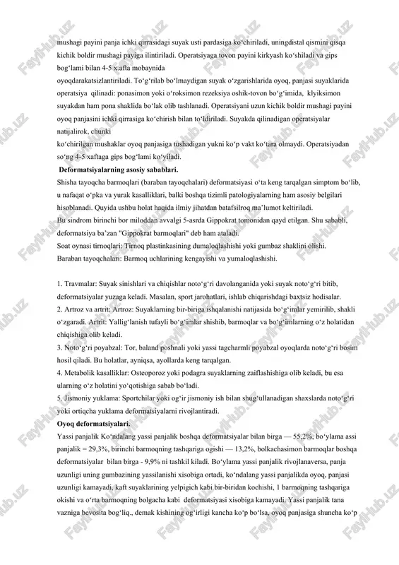 ukalash lozim. maxsus mashklar, gʻadir-budur yuzada va kumda yalangoyoq yurish, sakrash, turli oʻyinlarda ishgiroketish katga ahamiyatga ega. oyoqka moye poyafzal kiyish: poyafzalning ichki qirrasi toʻgʻri (i barmoq. tashqariga surilmasligi uchun), uchi kengrokboʻlishi kerak poshnasi 3-4 sm baland, pataga pishik materialdan qilingani maʼkul. yassi panjalikning oldini olish va yurganda okrikni sezmaslik uchun turli moslamalar va maxsus poyafzal tavsiya qilinadi. uncha murakkab boʻlmagan deformatsiyalarda pataklar (probka, plastmassa yoki metalldan qilingan). murakkab deformatsiyalarda poyafzal yoki gipedan andoza olib qilingan ortopedik pataklar tayyorlash tavsiya qilinadi. davolash. yassi panjalikning doimiy ogʻriq. paydo kiluvchi ogʻir formalari operativdavolashga koʻrsatma boʻladi, panjaga bir necha bor (2-3 xaftadan) toʻgʻrilovchi gipeli bogʻlam kuyilgandan soʻng bajariladi. agar oyoq panjasiga xali toʻgʻri xolat berish mumkin boʻlsa, uzun kichik boldir mushagi payini panja ichki qirrasidagi suyak usti pardasiga koʻchiriladi, uningdistal qismini qisqa kichik boldir mushagi payiga ilintiriladi. operatsiyaga tovon payini kirkyash koʻshiladi va gips bogʻlami bilan 4-5 x.afta mobaynida oyoqdarakatsizlantiriladi. toʻgʻrilab boʻlmaydigan suyak …