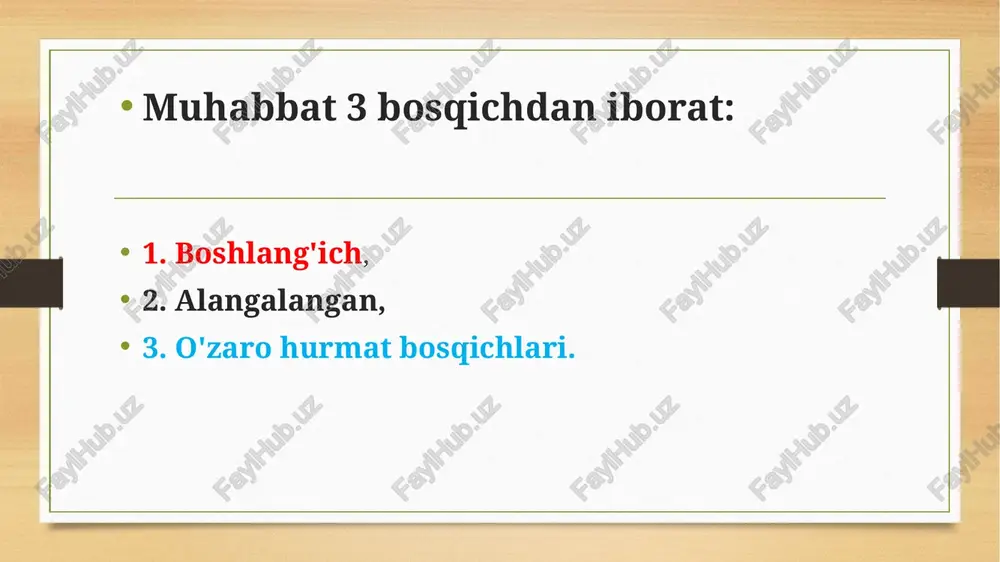 masligiga, qizlik obro'sining tushishiga, turmushga chiqish imkoniyatining keskin pasayishiga olib keladi hissiyotdagi ayrim bosqichlarga ko'ra muhabbat turini, bosqichini va umuman sevgi hislarining bor-yo'qligini aniqlash, ibn sino kabi «og'ir xastalik»ka tashxis qo'yib, uni davolash choralarini ko'rish mumkin. bu hissiyotlarning ayrimlari aslida birinchi bosqichdayoq kuzatiladi va ikkinchi bosqichida niho­yatda kuchli, hamda har tomonlama ifodalanadi. ular quyidagilardan iborat: «birgalik» effekti. bunday hollarda muhabbat hislarini boshdan kechirayotgan shaxsning ongida, tasawurida, xayolida doimo sevikli yori gavdalanib turadi. nima ish qilmasin va qayerda bo'lmasin, hatto yoridan juda uzoq masofada bo'lsada, xayolan u bilan gaplashadi, yashaydi. e`tiboringiz uchun tashakkur! image5.png image6.png image7.jpeg image8.jpeg image9.jpeg image10.png image11.png image12.png image13.png image3.png image4.png /docprops/thumbnail.jpeg