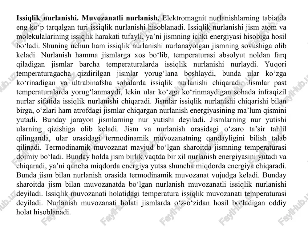 mumkin. buning uchun jism nur chiqarish qobiliyatining spektral xarakteristikasini o’lchash va muayyan spektr uchunni aniqlash kerak. jism esa harorati bilan munosabat orqali bog’langan. bu usul bilan aniqlangan quyosh harorati taxminan 6000 k ga teng. shuni ham qayd qilaylikki, pirometrlarni haroratni o’lchashda qo’llaniladigan boshqa qurilma (termometr, termopara) lardan afzalligi mavjud: pirometrlar yordamida nihoyat yuqori haroratlarni ham, kuzatuvchidan juda olisda joylashgan jism (masalan, astronomik ob’ekt) larning haroratlarini ham o’lchash mumkin. radiatsion pirometrlar. radiatsion pirometrning sxemasi rasmda ko’rsatilgan. asbob nurlangichga shunday to’g’rilanadiki, nurlanayotgan sirtning ob ob’ektiv berayotgan ravshan tasviri nurlanishni qabul qilgich qq ni to’liqqoplaydigan bo’lsin. bu ok okulyar yordamida nazorat qilinadi.qabul qilgich sifatida odatda termoustun qo’llaniladi. g galvanometr strelkasining og’ishiga qarab nurlangichning temperaturasihaqida fikr yuritish mumkin. agar nurlangichning tasviri qabul qilgichni to’liq qoplasa, qabul qilgichga tushayotgan energiya oqimi nurlangichgacha bo’lgan masofaga bogg’liq bo’lmagan holda (bu masofa pirometr ob’ektivining fokus masofasiga nisbatan ancha katta bo’lishi kerak), nurlangichning energiyaviy ravshanligiga proportsional bo’ladi. ravshanlik absolyut …