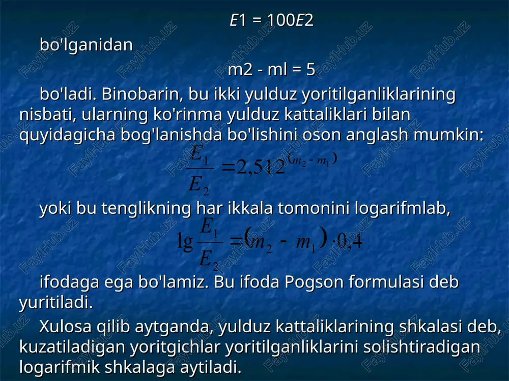 zdan 10 parsek masofaga keltirilganda aniqlangan ko'rinma yulduz kattaliklari ularning absolut yulduz kattaliklari deb ataladigan bo'ldi va m harfi bilan belgilandi. bu 10 parsekli standart masofa taxminan 2 . 106 astronomik birlikka teng bo'ladi. binobarin, quyoshni 10 parsek masofaga eltgandan keyingi intensivligi uning 1 a.b. masofada turgandagi intensivligidan marta, ya'ni 4 . 1012 marta kamayadi. intensivlikning har 100 marta kamayishi 5 yulduz kattaligiga to'g'ri kelishi e'tiborga olinsa, unda intensivlikning 4 . 1012 marta kamayishi yulduz katta-ligining 31,5 marta ortishiga olib keladi. binobarin, 10 pk masofaga «eltilgan» quyoshning ko'rinma yulduz kattaligi -26,7 + 31,5 = 4,8 ni tashkil etar ekan. boshqacha aytganda, quyoshning absolut yulduz kattaligi mq = +4,8 ga teng ekan. sentavr yulduz turkumining bizga eng yaqin joylashgan rav-shan yulduzining (proksima) ko'rinma yulduz kattaligi m — 0 bo'lib, quyoshdan uzoqligi 1,3 pk. u 10 pk masofaga eltilganda uning intensivligi marta kamayadi. bu yulduz kattaligining 4,5 marta kamayishiga olib keladi. demak, …