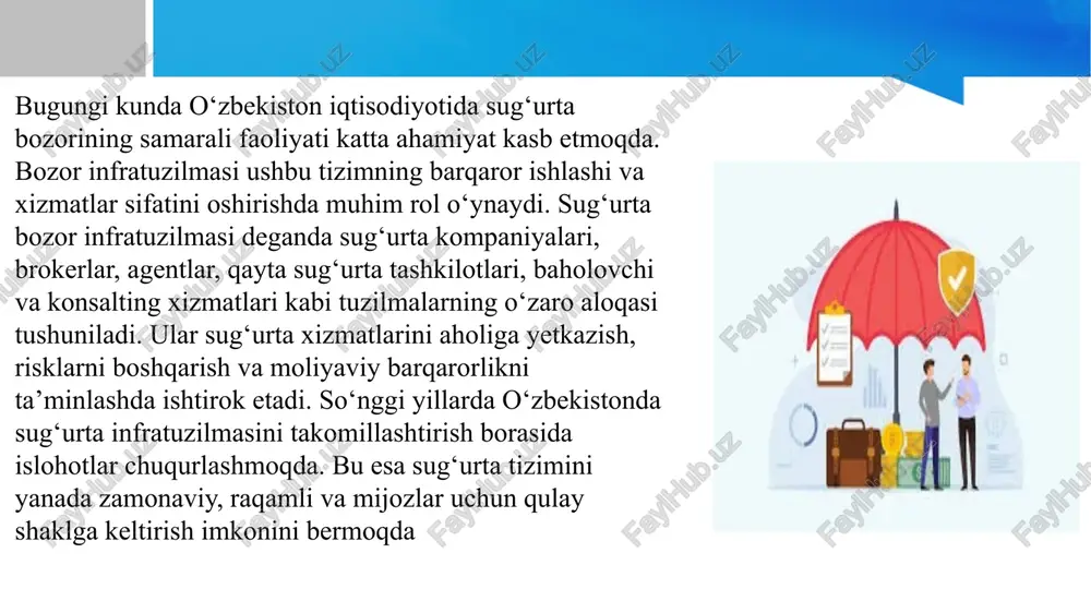 aratilgan chora-tadbirlar majmundir. iqtisodiy islohotlardn ko’zda tutilgan maqsad - mamlakat aholisi uchun yashash va faoliyat qilishning eng yaxshi sharoitlarini yaratish, ularning ma‘naviy-ahloqiy yetukligiga erishishi, iqtisodiy, ijtimoiy-siyosiy barqarorlikni ta‘minlashdan iboratdir. islohotlarni amalga oshirishdan oldin bozor iqtisodiyotiga utishning nazariy model yaratildi. produktiv va noproduktiv test 1. sug‘urta bozorining professional ishtirokchilari deganda kimlar tushuniladi? a) sug‘urta kompaniyalari, brokerlar, agentlar, aktuariylar b) faqat sug‘urta kompaniyalari c) faqat mijozlar d) faqat davlat organlari 2. sug‘urta brokerining asosiy vazifasi nima? a) sug‘urta to‘lovlarini amalga oshirish b) mijoz manfaatlarini himoya qilish va mos sug‘urta shartnomasini tanlash c) davlat nazoratini olib borish d) sug‘urta kompaniyasining foydasini oshirish 3. qayta sug‘urta kompaniyalari qanday rol o‘ynaydi? a) sug‘urta hodisasini to‘g‘ridan-to‘g‘ri qoplash b) risklarni taqsimlash va sug‘urta kompaniyalarini himoya qilish c) mijozlar bilan shartnoma tuzish d) faqat maslahat xizmatlari ko‘rsatish 4. aktuariy kim? a) sug‘urta kompaniyasining reklama bo‘yicha mutaxassisi b) risk va tarif stavkalarini hisoblovchi mutaxassis c) sud ekspertizasi vakili d) …