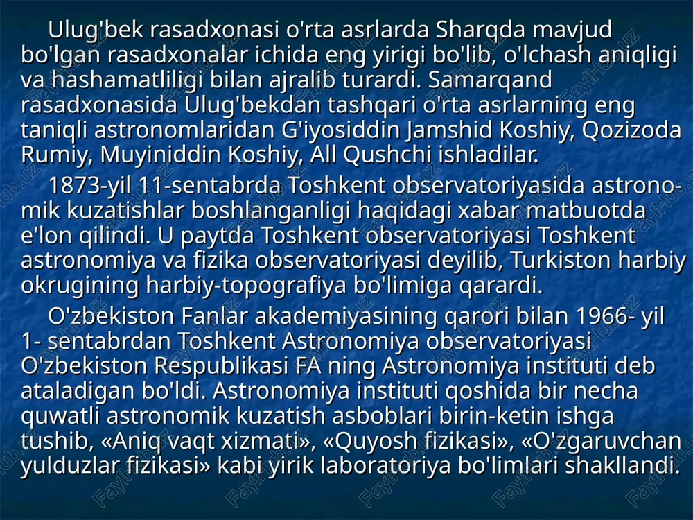 a o'zbekiston fa astronomiya institutiga qarashli respublikamizning yirik astronomik markazlaridan sanaladi (61- rasm). ilovada bu astronomik ilmiy markazlar haqida yetarlicha keng ma'lumotlar berilgan bo'lib, astronomiya ishqibozlari ular bilan yaqindan tanishgach, kelgusida o'z taqdirlarini bu ilmiy dargohlar bilan bog'lashlari uchun barcha imkoniyatlar mavjud. 61- rasm. astronomiya institutiga qarashli maydanak balandto'g observatoriyasi eng yirik teleskopining minorasi (a) va uning ichidagi 1,5 m li reflektori (b).