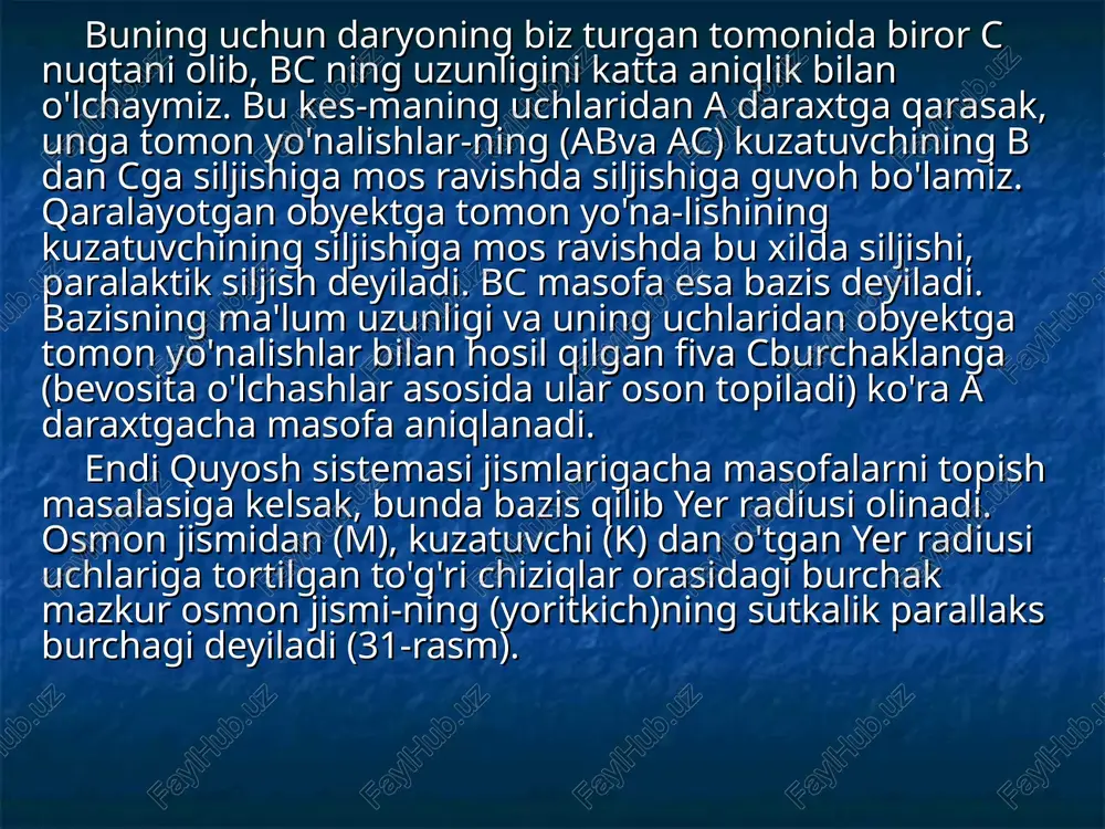 ani 149,6 mln km ga bo'lsak, 1 yo.y. ning astronomik birliklardagi qiymatini topamiz. u 63240 a.b. ga teng chiqadi. 3. parsek (pk) — «parallaks» va «sekund» so'zlaridan olingan bo'lib, yillik parallaksi (viii, 7- §) 1" ga teng bo'lgan yoritgichgacha masofani ifodalaydi: 1pk = 3,26 yo.y. = 206265 a.b. = 30,86 . 1012 km. odatda, uzunlikning yorug'lik yili parsek, kiloparsek (1000 pk) va megaparsek (mpk = 106 pk) birliklari, quyosh sistemasidan tashqaridagi osmon jismlarigacha (yulduzlar, yulduz to'dalari, tumanliklar va hokazo) masofalarni, shuningdek, tashqi galaktikalar, galaktik to'dalarning o'lchamlarini va ularning orasidagi masofalarni o'lchashda ishlatiladi. å r l r p å = ' ' 0 sin 2 ct l = t l c 2 = å å × = = r p p r l 0 ' ' 0 206265 sin