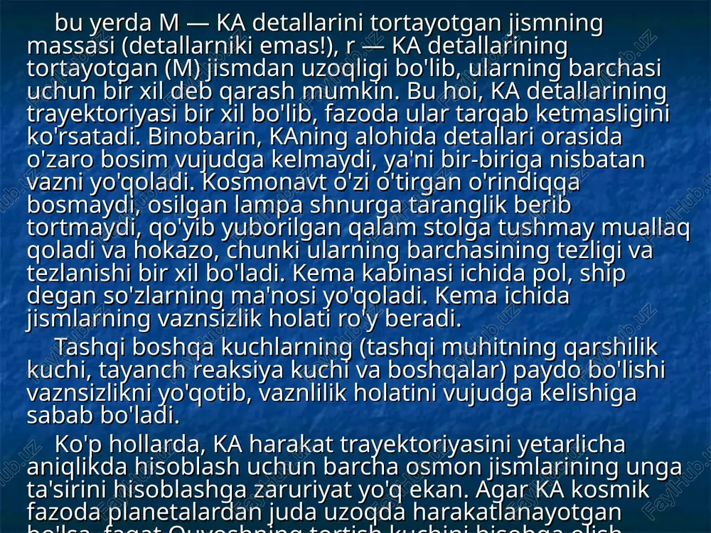 a teng bo'lib, ka ning kinetik energiyasi: potensial energiyasi esa: bo'ladi, bu yerda m — tortuvchi osmon jismining massasi. nogravitatsion kuchlarni hisobga olmasak, tortish maydoni potensial maydon bo'lganidan, boshlang'ich (v0) va r masofadagi tezlik (vr) orasidagi bog'lanishni topish uchun mexanik energiya-ning saqlanish qonunidan foydalanamiz. unda: bo'ladi, bu yerda tenglikning chap tomoni ka ning boshlang'ich to'la energiyasini, o'ng tomoni esa uning r masofada vr tezlikka erishgan paytdagi to'la energiyasini ifodalaydi. tenglikning har ikkala tomonini m ga qisqartirib, ka ning markaziy jismdan ixtiyoriy r masofadagi tezligini ifodalaydigan ushbu tenglamani topamiz: yoki bu ifoda energiya integrali deyiladi, bu yerda k= gm— ma'lum osmon jismining gravitatsion maydonini xarakterlab, uning gravitatsion parametri deb ataladi. yer uchun k =3,986 . 105 km3/s2; quyosh uchun k = 1 ,327 . 1011 km3/s2, oy uchun esa k =4,9 . 103 km3/s2 ga teng bo'ladi. markaziy maydonda kuzatiladigan ka harakat trayektoriya-larini to'rt guruhga ajratish mumkin: 1. to'g'ri chiziqli harakat. …