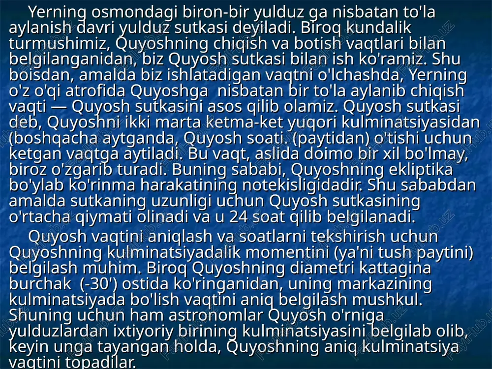 aqt belgilanadi. ular bir-biridan uzunliklari o'rtacha 15°farq qiluvchi meridianlar bilan chegaralanadi va ular tartib bilan, 0 dan 23 gacha (0, 1, 2, 3, ..., 23) nomerlanadi. shuningdek, har bir poyas chegarasida yotgan bittadan meridian asosiy meridian qilib tanlanadi. asosiy meridianlarning uzunliklari mos ravishda oh, lh, 2h, 3h,4h, ..., 23h qilib qabul qilingan. bunda uzunligi 0 bo'lgan meridian, 0- poyas o'rtasidan, lh bo'lgan meridian esa 1- poyas o'rtasidan o'tadigan va h.k. qilib olinadi. 20—rasm. yer shari poyaslari (toshkent 5-poyasda joylashgan) ixtiyoriy n- nomerli poyas chegarasida yotgan va m uzun-likka ega bo'lgan punktning mahalliy vaqti (tm) va poyas vaqti (tp) orasidagi bog'lanish quyidagicha ifodalanadi: m - as = tm - tp, chunk las — mazkur poyasning o'rtasidan o'tgan asosiy meridianning uzunligini, tp — esa shu meridianga tegishli mahalliy vaqtni ifodalaydi. aslida as = nh bo'lganidan, bu ifoda, ko'pincha, m - nh = tm - tp ko'rinishida yoziladi. bu tenglama, poyas vaqti ( …