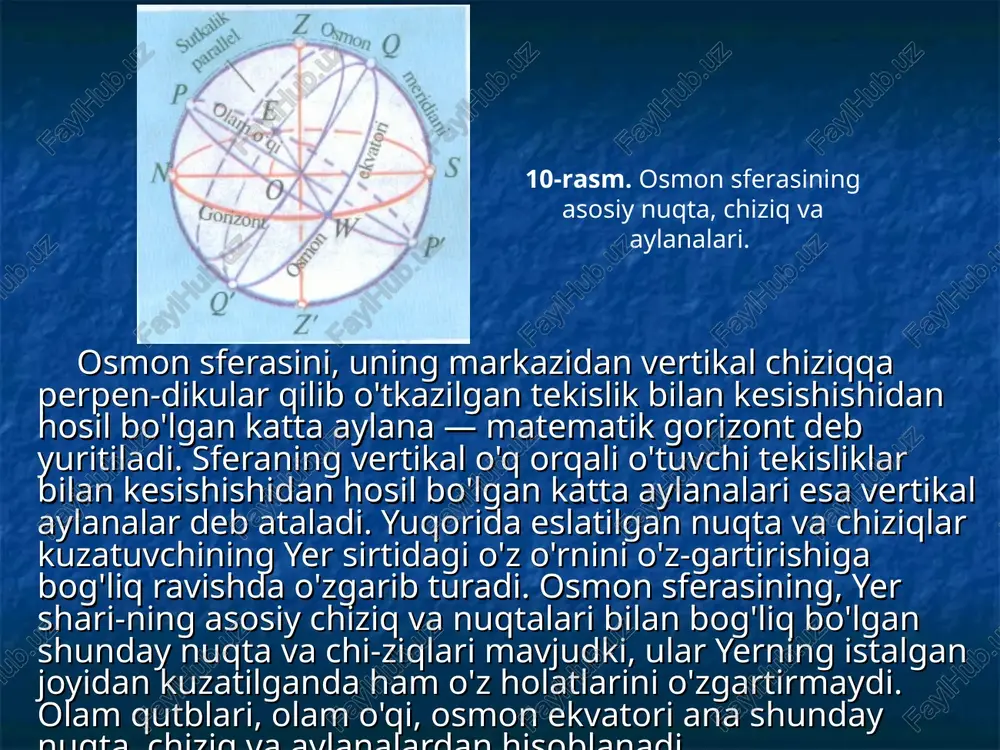o'rganish ortiqcha qiyinchilik tug'dirmaydi. quyoshning yulduzlar oralab g'arbdan sharqqa tomon ko'­rinma (haqiqiy emas!) siljishi, eslatilganidek, juda qadimdan se-zilgan. bu siljish har sutkada salkam 1° bo'lib, quyosh bir yilda osmon sferasining zodiak yulduz turkumlari orqali yer atrofida bir marta to'la aylanib chiqadi. quyoshning yillik ko'rinma bu yo'li katta aylana bo'lib, u ekliptika deb yuritiladi. yil davomida, sistemali ravishda, tush paytida, quyoshning zenitdan uzoqligini ma'lum bir joydan turib o'lchash, uning osmon ekvatoridan og'ishi +23°26' dan -23°26' ga qadar o'zga-rishini ko'rsatadi. bundan ekliptika tekisligining osmon ekvatoriga og'ma-ligi e = 23°26' ga teng ekanligi ma'lum bo'ladi (11-rasm). ekliptikaning xarakterli to'rtta asosiy nuqtasi bo'lib, bulardan ikkitasi uning osmon ekva­tori bilan kesishgan nuqtalarini, qol-gan ikkitasi esa osmon ekvatoridan eng katta og'ishga ega bo'lgan nuqta­larini xarakterlaydi. uning ekvator bilan kesishgan nuqtalaridan biri (quyosh osmonining janubiy yarim sharidan shimoliy yarim shariga kesib o'tayotganda hosil bo'lgani) bahorgi tengkunlik nuqtasi (^) deyilib, quyosh unda 21- mart kuni bo'ladi. ikkinchisi esa …
