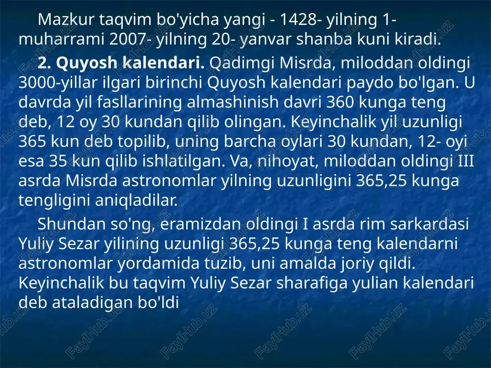 naviy xudolarining nomlari bilan (yanus, februus, mars, maya, yunona) iyul va avgust oylari rim imperatorlari yuliy sezar va avgust nomi bilan, qolganlari esa o'zlarining tartib nomerlari (sentabr — yettinchi, oktabr — sakkizinchi, noyabr —bo'lib, bahorda tabiatning uyg'onishidan darak beradi. to'qqizinchi, dekabr — o'ninchi) bilan ataladi. aprel oyi — «aperire» «ochilish» («uyg'onish») degan so'zdan olingan bu taqvim bo'yicha yil boshi ilgari martda bo'lib, so'ngra 1- yanvarga ko'chirilgan. rossiyada yil boshi qadimda yiliga ikki marta — 1-martda va 1-sentabrda bayram qilinar edi. 1342- yildan moskva metropoliti (hokimi) yangi yil bayrami bundan buyon faqat 1- sentabrda o'tkazilishi haqida buy-ruq berdi. xvii asrning oxirida podsho petr i buyrug'i bilan 1700- yil kalendar yilining boshi 1- yanvarga ko'chirildi. shundan buyon bu taqvim bo'yicha yangi yil 1 - yanvarda nishonlanadigan bo'ldi. xi asrda nishopurda (xuroson) yashab, matematika, astro-nomiya sohasida ijod etgan taniqli shoir u.xayyom (1048-1131) 1070-yilda seljuq sultoni malikshoh va uning vaziri nizomul-mulk tomonidan saroyga taklif …