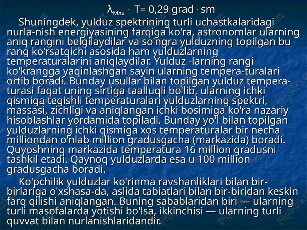 sirt temperaturasiga (3,4 • 103 k) ega bo'lib, qizilrangda bo'lganidan ularga qizil gigantlar deb nom berilgan. aldebaran (savr yulduz turkumining eng yorug' yulduzi), arktur (ho'kiz-boqar yulduz turkumidagi eng ravshan yulduz) kabi yulduzlar gigantlarning tipik vakillaridan hisoblanadi. o'tagigantlar esa yorqinliklari quyoshnikidan o'n ming marta-lab ortiq bo'lgan yulduzlar bo'lib, ularning rangi turlicha bo'ladi. ko'krangdagi o'tagigantlarga misol qilib rigelni (arabcha «rij-al-javzo» ning buzilgan talaffuzi — «pahlavonning oyog'i» — orion yulduz turkumining betasi); qizil o'tagigantlarga — antaresni (aqrab yulduz turkumidagi eng ravshan yulduz), betelgeyzeni (arabcha «ibt-al-javzo» ning buzilgan talaffuzi — «pahlavonning o'ng yelkasi» — orionning eng ravshan yulduzi) keltirish mumkin. turli yorqinlikdagi yulduzlarning spektrlari ham bir-birlaridan biroz farq qiladi. shu tufayli, ba'zan spektrdagi chiziqlarga ko'ra ham uning yorqinligini baholash mumkin. shu yo'l bilan yorqin­liklari aniqlangan yulduzlarning ko'rinma yulduz kattaliklari yordamida ulargacha masofalarni aniqlash mumkin bo'ladi. yulduzlargacha masofalarni aniqlashning bu usuli spektral parallaks usuli deb yuritiladi. q l l * ÷ ÷ ø ö ç …