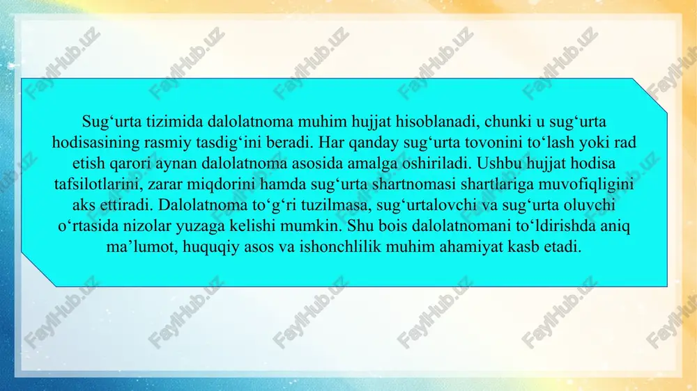 ? a) sug‘urta bozorida foyda olish b) risklarni boshqarish va mijozlar manfaatini himoya qilish c) faqat davlat manfaatlarini himoya qilish d) bozorni raqobatsiz qilish 8. sug‘urta bozorida raqamli texnologiyalarning joriy etilishi nimani ta’minlaydi? a) faqat xarajatlarni oshiradi b) xizmat ko‘rsatish tezligi va qulayligini oshiradi c) sug‘urta kompaniyalarini kamaytiradi d) bozorni yopadi 9. sug‘urta kompaniyalari faoliyatini tartibga soluvchi asosiy hujjat qaysi? a) “sug‘urta faoliyati to‘g‘risida”gi qonun b) “davlat budjeti to‘g‘risida”gi qonun c) “banklar to‘g‘risida”gi qonun d) “investitsiyalar to‘g‘risida”gi qonun 10. sug‘urta bozorining rivojlanishida professional ishtirokchilarning o‘rni nimada? a) ular bozor faoliyatini to‘xtatadi b) ular risklarni kamaytiradi va xizmat sifatini oshiradi c) ular faqat davlat foydasini ko‘zlaydi d) ular mijozlarga zarar yetkazadi sug‘urta dalolatnomasi nima maqsadda tuziladi? sug‘urta hodisasi sodir bo‘lgach, dalolatnoma kim tomonidan rasmiylashtiriladi? sug‘urta dalolatnomasi qaysi hujjat asosida to‘ldiriladi? dalolatnomada ko‘rsatiladigan asosiy ma’lumotlar nimalardan iborat? sug‘urta kompaniyasi dalolatnomani necha kun ichida ko‘rib chiqishi lozim? dalolatnoma to‘ldirilgandan so‘ng sug‘urta tovonini olish …