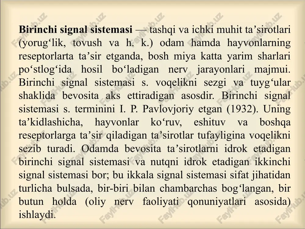 ng instinktiv shakli ana shunday muhitga moslashuvining alohida) xatti-harakatlarini, qiliqlarini kuzatadigan bo’lsak, ularning harakashakllaridandir. biz ayrim organizmlarning (xususan hashoratlarning, qushlarningtlari go’yoki ongli harakatdek bo’lib ko’rinadi. masalan: oddiy cho’l chumolilarining yoki termit deb ataluvchi chumolilarning "jamoa" bo’lib yashashlari, qishga ovqat g’amlashlari, asalarilarning kollektiv bo’lib yashashlari, asal to’plashlari (karl fon frish tadqiqotlari) va qushlarning tuxum ochib, bolasini parvarishlashi (v.a.vagner tadqiqotlari)go’yo ongli harakatlardek bo’lib ko’rinadiaslida bunday harakatlar ongli bo’lmay, balki instinktiv harakatlardir. instinktiv harakat deganda biz hayvonlarga tug’ma yo’l bilan (shartsiz reflekslar) va ularning tashqi olamga muvofaqlashuvini ta’minlaydigan harakatlar shaklini tushinamiz. instinkt tushunchasi psixologiyaga birinchi marta ch. darvin tomonidan kiritilgan bo’lib, bizga hayvonlarning juda ko’p murakkab harakatlari va qiliqlarining ilmiy tarzda tushunish imkonini beradi. instinkt tushunchasini psixologik va fiziologik mexanizmlari mashhur rus fiziologi akademik i.p.pavlov tomonidan tushuntirishib berildi. hayvonlarning instinktlari turli xil ko'rinishda namoyon bo'ladi 7 ovqatlanish instinkti hayvonlarning o'zi va bolasi uchun ovqat qidirib topish, ovqat g'amlash harakatlaridir himoyalanish instinkti hayvon o'z …