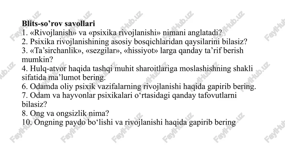 ) haqidagi tushunchani fiziologiyaga kiritgan. qoʻzgʻalish va tormozlanish jarayonlarining kuchi muvozanatlanganligi, harakatchanligi kabi 3 ta asosiy funksional xossani nazarda tutib, nerv sistemasining odam va hayvonlar uchun umumiy boʻlgan quyidagi tiplari aniqlangan: 1)juda jonsarak tipda qoʻzgʻalish va tormozlanish jarayonlari kuchli, ammo muvozanatlashmagan (qoʻzgʻalish tormozlanishdan ustun) boʻladi; 2) juda serharakat tipda nerv jarayonlari juda kuchli, muvozanatlashgan va yaxshi harakatchan (tez almashinadigan) buladi; 3) juda yuvosh tipda nerv jarayonlari kuchli, muvozanatlashgan, lekin harakatchanligi kamroq (sekin almashinadigan) buladi; 4) nimjon tipda nerv jarayonlari sust, bosh miya poʻstlogʻidan nerv hujayralarining ish qrbi-liyati past boʻladi. i.p. pavlov nerv sistemasining tiplari bilan odamlarning 4 xil temperamenti (mizoj) oʻrtasida oʻxshashlik borligini anikdadi. jonsaraktipxolerik temperamentga, serharakat tip sangvinik temperamentga, yuvosh tip flegmatik temperamentga, nimjon tip melanxolik temperamentga mos keladi. miyaning tanaga bo’lgan nisbati: kit miyasining tanaga nisbati fil miyasining tanaga nisbati maymun miyasining tanasiga nisbati odam miyasining tanaga nisbati 10 inson bosh miyasi, hayvon miyasidan farq qiladi farqli jihatlari: …