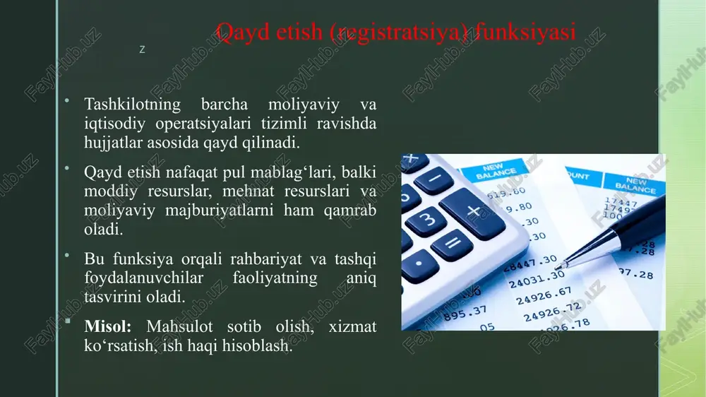 da strategik qarorlar qabul qilinadi: yangi loyiha, investitsiya yoki resurslarni qisqartirish. amaliy jihat: bo‘limlar bo‘yicha xarajatlarni solishtirish, foyda va samaradorlik ko‘rsatkichlarini aniqlash. z rejalashtirish va prognozlash funksiyasi moliyaviy va iqtisodiy rejalar buxgalteriya hisobiga asoslanadi. ushbu funksiya kelajakdagi xarajatlar va daromadlarni prognozlash, byudjet tuzish va investitsiyalarni rejalashtirish imkonini beradi. zamonaviy buxgalteriyada ai yoki moliyaviy algoritmlar yordamida prognozlar avtomatlashtiriladi. amaliy jihat: keyingi yil byudjeti, loyihalarning moliyaviy samaradorligini baholash. z qaror qabul qilishni qo‘llab-quvvatlash funksiyasi rahbariyat va menejerlar uchun muhim qarorlar (investitsiya, xarajatni kamaytirish, yangi bozorlar ochish) buxgalteriya ma’lumotlariga tayanadi. bu funksiya tashkilotning iqtisodiy strategiyasini shakllantirishda hal qiluvchi ahamiyatga ega. amaliy jihat: ishlab chiqarish hajmini oshirish yoki qisqartirish, yangi mahsulot ishlab chiqarish haqida qaror qabul qilish. z xulosa buxgalteriya hisobi – bu faqat moliyaviy operatsiyalarni qayd etuvchi tizim emas, balki nazorat, tahlil, rejalashtirish, strategik qaror qabul qilish, qonuniylik va innovatsion faoliyatni qo‘llab-quvvatlovchi kompleks funksional mexanizm hisoblanadi. u tashkilotning moliyaviy barqarorligini ta’minlash va samarali …