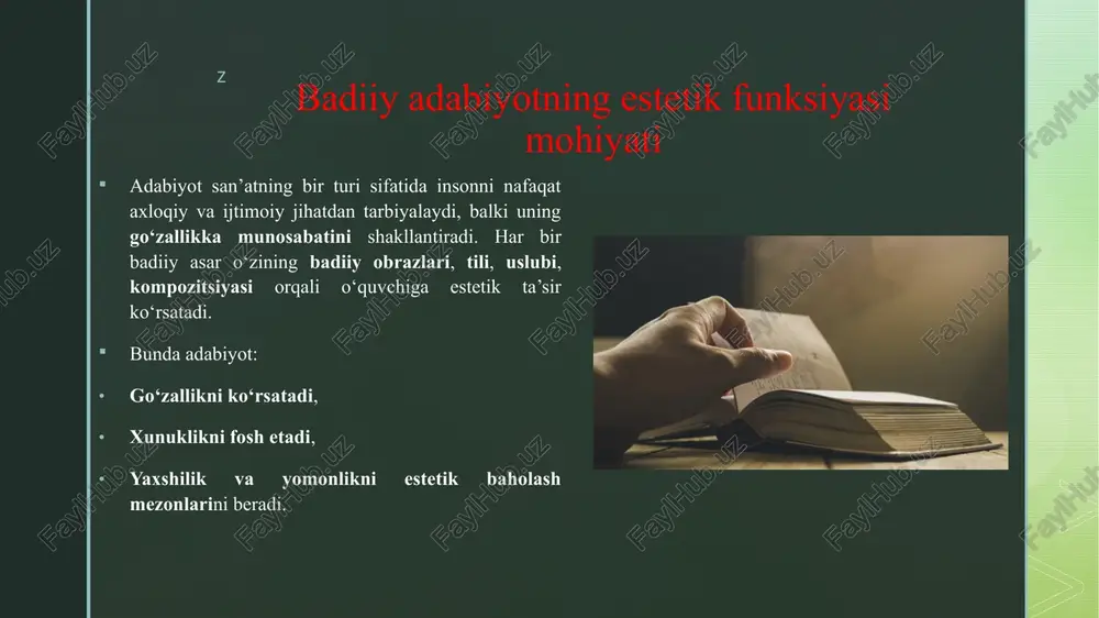 gi adabiyotda estetiklik faqat klassik go‘zallikni emas, balki zamonaviy hayotning murakkab, ba’zan fojeaviy jihatlarini ham o‘z ichiga oladi. shuning uchun hozirgi adabiyotda estetik funksiya – bu go‘zallik va haqiqatning uyg‘unligida namoyon bo‘ladi. badiiy adabiyotning estetik funksiyasi inson ruhiyatini uyg‘otuvchi, qalbini go‘zallikka oshno etuvchi, did va tuyg‘ularni sayqallantiruvchi qudratli kuchdir. u insonni nafaqat o‘ylashga, balki his etishga, orzu qilishga va ezgulikka intilishga chorlaydi. adabiyot orqali inson o‘zining ichki dunyosini kashf etadi, hayotdagi go‘zallikni ko‘ra boshlaydi va uni asrab-avaylashni o‘rganadi. z adabiyot va estetik zavq har bir chin badiiy asar o‘quvchiga ruhiy lazzat, ichki taskin va go‘zallik tuyg‘usi beradi. bu jarayon "estetik zavq" deb ataladi. masalan, oybekning “navoiy” romani yoki abdulla qodiriyning “o‘tkan kunlar” asari o‘quvchini hayotning go‘zalligi va murakkabligini his etishga undaydi. shu tariqa estetik zavq o‘quvchini hayot haqidagi chuqurroq mushohadalarga olib boradi. z xulosa badiiy adabiyotning estetik funksiyasi — bu insonni go‘zallikka oshno etish, ruhiy poklikka yetaklash, ezgulik va nafosatga …