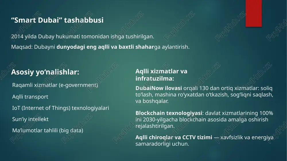 = blockchain. xususiyat tavsif ✅ shaffoflik har bir tranzaksiya hammaga ko‘rinadi, lekin shaxsiy ma’lumotlar yashiringan. 🔒 o‘zgartirib bo‘lmaydi biror ma’lumot blokka yozilganidan keyin uni o‘chirish yoki o‘zgartirish juda qiyin. 🔐 xavfsizlik kriptografik algoritmlar yordamida ma’lumotlar himoyalanadi. 🧠 avtomatlashtirish smart contracts (aqlli shartnomalar) orqali avtomatik ishlov beriladi. 🌟 dubai blockchain strategy (2016) dubay – dunyodagi birinchi shahar bo‘lishni maqsad qilgan, u yerda barcha davlat hujjatlari blockchain asosida yuritiladi. 🏛️ asosiy maqsadlar: 2025-yilgacha 100% davlat hujjatlarini blockchain'ga o‘tkazish. vaqt va xarajatni kamaytirish. fuqarolar va investorlar uchun ishonchli tizim yaratish. soha foydaliligi 🏛️ davlat boshqaruvi hujjatlarni blokcheynda saqlash – firibgarlikning oldini oladi. 🚗 transport (rta) avtomobil tarixi, ro‘yxatdan o‘tganligi va servis ma’lumotlari blokcheynda. 🏠 ko‘chmas mulk (ejari) ijara shartnomalari blockchain orqali rasmiylashtiriladi. 🏥 sog‘liqni saqlash bemor tarixini xavfsiz va global darajada ko‘rish mumkin. 📜 notarial xizmatlar hujjat tasdiqlash (e-notarius) endi blokcheynga asoslanadi. 📉 110 mln hujjat blockchain asosida raqamlashtirilsa, yillik: 25 mln soat …