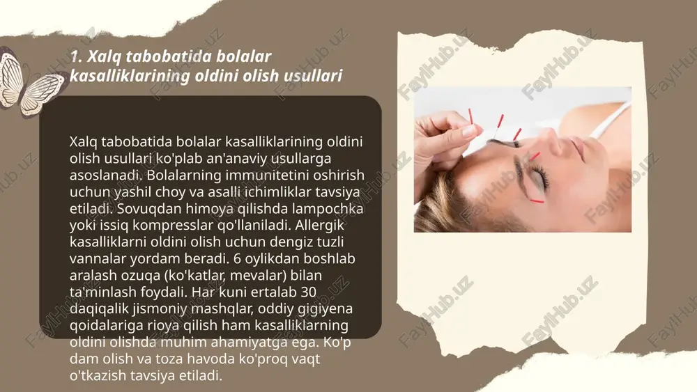tibbiyotiga asoslangan muolaja usuli bo‘lib, ignalar bilan muayyan nuqtalarga ta’sir qilish orqali amalga oshiriladi. bolalar kasalliklarida ignaterapiya ko‘pincha immunitetni mustahkamlash, asab tizimi faoliyatini yaxshilash va og‘riqni kamaytirishga yordam beradi. yosh bolalarda, masalan, bronxit, astma, allergiya va bosh og‘riqlari kabi muammolarni kamaytirishda ignaterapiya qo‘llanilishi mumkin. statistika ko‘rsatishicha, ignaterapiya muolajasi o‘tkazilgan bolalarning 70-80%ida salbiy simptomlar sezilarli darajada kamaygan. biroq, ignaterapiya ikki yoshdan katta bolalarga tavsiya etiladi va malakali mutaxassis tomonidan bajarilishi lozim. ... t.me/slaydai_bot xalq tabobatida o‘simlik moylari keng qo‘llaniladi va bolalar salomatligiga foydali hisoblanadi. masalan, zaytun moyi tarkibida omega-3 kabi foydali yog‘ kislotalari bor, ularni muntazam iste’mol qilish bolalar yurak-qon tomir tizimiga foydali ta'sir ko‘rsatadi. qovoq urug‘i moyi tarkibida a va e vitaminlari mavjud bo‘lib, bu immunitetni oshiradi. badem moyi tarkibidagi yog‘ kislotalari bolalarning asab tizimini mustahkamlaydi va miya faoliyatini yaxshilaydi. har kuni 5-10 ml o‘simlik moyidan foydalanish bolalar uchun tavsiya etiladi. lekin har qanday moyni ishlatishdan oldin shifokor bilan maslahatlashish …