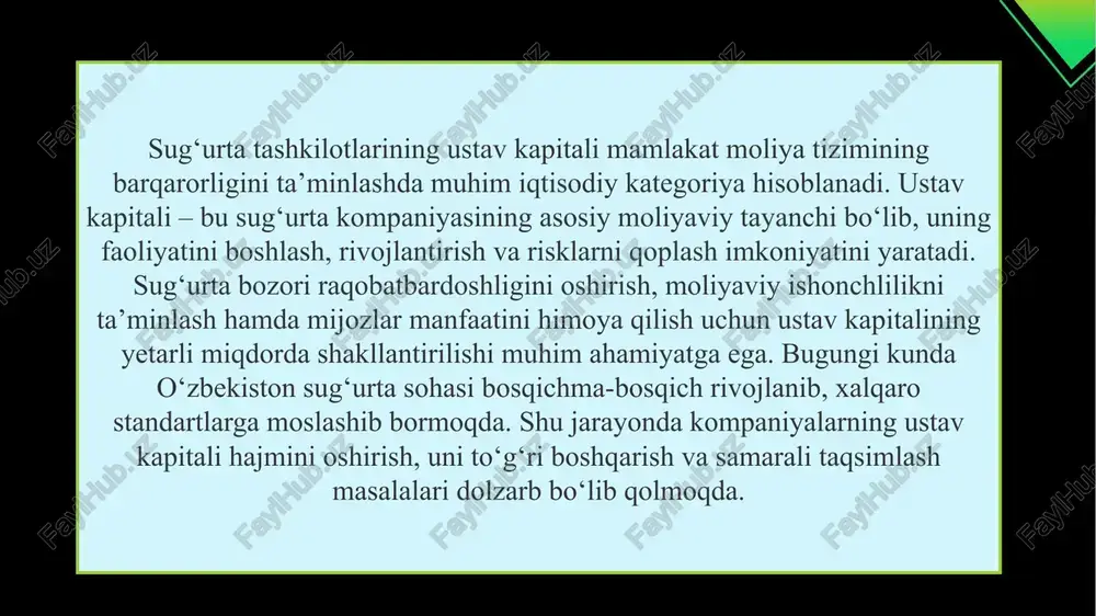 tav kapitali haqida talab bormi? a) yo‘q b) ha c) faqat moliyaviy kompaniyalar uchun d) faqat xorijiy sug‘urta kompaniyalari uchun ustav kapitalining asosiy manbalari qaysilar? a) faqat bank kreditlari b) muassislar ulushlari, moddiy aktivlar va boshqa moliyaviy resurslar c) davlat grantlari faqat d) faqat xorijiy investitsiyalar sug‘urta kompaniyasi ustav kapitalini oshirishning bir yo‘li nima? a) xodimlar sonini kamaytirish b) foydaning bir qismini kapitalga yo‘naltirish c) reklama kampaniyasini kuchaytirish d) sug‘urta narxini oshirish ustav kapitali pasayishi sug‘urta kompaniyasiga qanday ta’sir qiladi? a) moliyaviy barqarorlikni oshiradi b) risklarni qoplash imkoniyatini cheklaydi c) foydani oshiradi d) mijozlar ishonchini kuchaytiradi kapitalni samarali boshqarishda qanday vositalar ishlatiladi? a) raqamli moliyaviy tahlil tizimlari b) faqat qo‘l bilan hisob-kitob c) marketing strategiyalari d) reklama kampaniyalari ustav kapitali hajmini oshirish milliy sug‘urta bozori uchun nima beradi? a) raqobatbardoshlik va barqarorlik b) faqat xodimlar soni oshadi c) sug‘urta narxi pasayadi d) kompaniya yopiladi sug‘urta kompaniyalari ustav kapitali haqida ma’lumot …