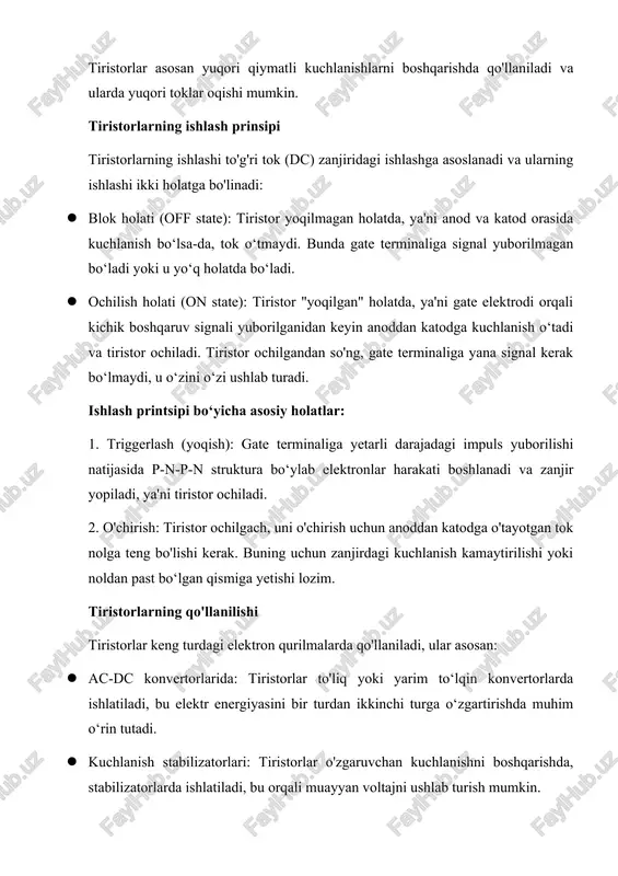 lam. n-qatlam — manfiy zaryadli qatlam. birlashtirilgan p-n-p-n struktura elektr zanjirida boshqarilmagan ravishda ishlaydi. dinistorning asosiy kontaktlari: anod (a) — yuqori p-qatlami. katod (k) — pastki n-qatlami. ishlash prinsipi dinistorning ishlashi quyidagi bosqichlarga asoslanadi: 1. blokirovka qilish rejimi: dinistorga kichik kuchlanish qo'llanilganda, u yopiq holatda qoladi, chunki p-n o'tishlar teskari yo'nalishda bo'ladi va zanjirda tok o'tmaydi. 2. tutashish holati: dinistorga belgilangan qiymatdan (tutashish kuchlanishi) yuqori kuchlanish berilganda, o'z-o'zidan o'tish jarayoni boshlanadi. bu jarayonda zaryad tashuvchilar (elektron va teshiklar) ko'payadi va dinistor o'tkazuvchi holatga o'tadi. 3. o'tkazish rejimi: o'tkazish holatida dinistor elektr tokini ozgina qarshilik bilan o'tkazadi. uni qayta yopish uchun zanjirdagi tokni belgilangan minimal qiymatdan pastga tushirish kerak (ushbu minimal qiymat "tutashish toki" deb ataladi). qo'llanilish sohalari · dinistorlar asosan yuqori kuchlanish va katta tok bilan ishlaydigan elektr zanjirlarida qo'llaniladi. quyida ularning asosiy qo'llanish sohalari keltirilgan: · yuqori kuchlanishli impuls generatorlarida: dinistorlar qisqa va kuchli elektr impulslarini hosil qilish uchun …