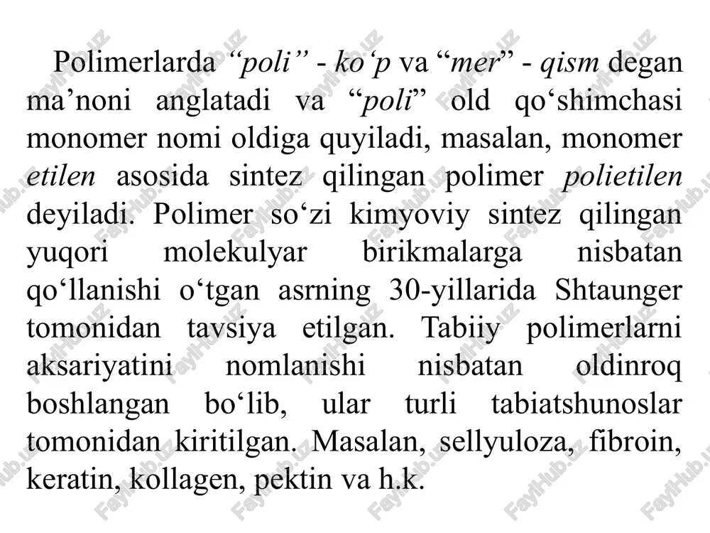 kin. to‘rsimon yoki fazoviy makromolekula deb monomerlar (elementar zvenolar) uzun zanjirlar bo‘lib bir biri bilan uch o‘lchamli to‘rsimon shaklda birikkan polimer (a) yoki sopolimerga (b) aytiladi. bunday sopolimerlarda ham monomerlar (elementar zvenolar) turlicha bo‘ladi. b a to‘rsimon makromolekulalar, odatda, yuqori elastiklikka ega bo‘ladi, ular hajmiga quyi molekulyar birikmalar diffuzion tarzda kirishi, erituvchilarda cheklangan miqdorda bo‘kishi va gel-tuzilish hosil qilishi mumkin, ammo erimaydi. bunday tuzulishni namoyon qiluvchilarning tipik vakillari kauchuk, jun keratini, teri kollageni kabi yuqori molekulyar birikmalardir. a b masalan polimerlanish jarayonida zvenolarni birikish tartibiga bog‘liq tarzda regulyar (a) va noregulyar (b) zanjirlar hosil bo‘lishi mumkin: chiziqli sopolimerda har bir tipdagi monomerlar molekulyar zanjirning ma’lum uzunligida takrorlanib kelsa, bu qismlar bloklar va makromolekula esa blok-sopolimer deyiladi. bloklar uzunligi va qattiqligi (yoki egiluvchanligi) hamda boshqa fizik ko‘rsatgichlari bilan farqlanishi mumkin. bu holat makromolekulaga turlicha xossalarni namoyon qilishga imkon beradi. aynan shu tipdagi makromolekulalarga suyuq kristall holati xosdir. tarmoqlangan sopolimerda asosiy zanjir …