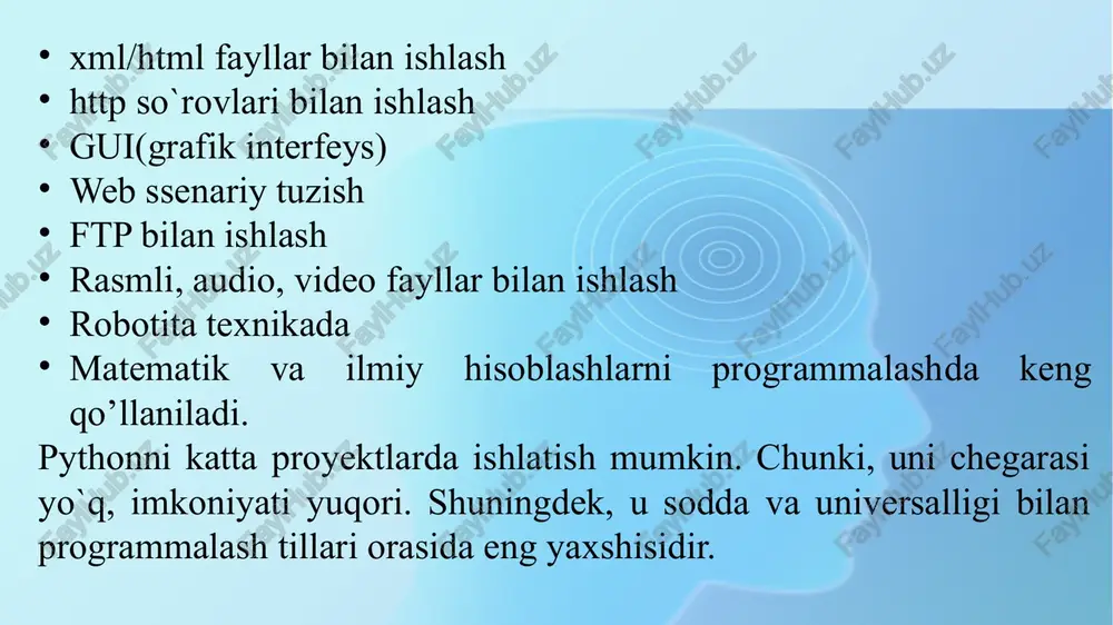 =int(input("radiusini kiriting=")) r1=a/2 pi=3.14 s1=pi*r1**2 s2=pi*r**2 s=s1-s2 print(s) r=4 pi=3.14 l=2*pi*r print(l) r=4 pi=3.14 s=pi*r**2 print(s) masala. tomoni a ga teng kvadrat ichiga ikkita aylana chizilgan. kichik aylananing radiusi r ga teng. bo‘yalgan yuza s ni topish dasturini tuzing. tomoni a ga teng kvadrat ichiga doira chizilgan. bo‘yalgan soha yuzi s ni topish dasturini tuzing. masala. arqonning uzunligi millimetrlarda berilgan. shu uzunlikni kilometr, metr, santimetr va millimetrlarda ifodalash dasturini tuzing. a=int(input("sonni kiriting=")) # sonni kiritish qismi b=a//1000000 # necha km a=a%1000000 # qolgan qismi c=a//1000 # necha metr a=a%1000 # qolgan qismi d=a//10 # necha cm a=a%10 # qolgan qismi mm da print(b, 'km' , c, 'm', d, 'cm', a, 'mm') masala. uchburchakning tomonlari a, b va c bo’lsin. uning yuzasini ifodalovchi dasturini tuzing. a = int(input('a tomon:')) b = int(input('b tomon:')) c = int(input('c tomon:')) p=(a+b+c)/2 yuza=(p*(p-a)*(p-b)*(p-c))**0.5 print(yuza) masala. uchburchakning tomonlari a, b va c bo’lsin. uning yuzasini ifodalovchi …