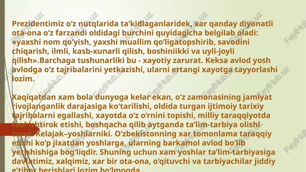aktablar paydo bo‘la boshladi. feodalizm jamiyati davriga kelib ta’lim-tarbiya mazmuni xayotda aloxida yuqoridarajaga erishdi. dexqonchilik, chorvachilik, katta-katta yer maydonlarini boshqarish ko‘plab bilim talab eta boshladi. ilm-fan, madaniyat, san’at taraqqiy etdi, vujudga keldi. ayniqsa islom dinining kirib kelishi jamiyatning ma’naviy xayotiga tub o‘zgarish yasadi. bu orada o‘zbek xalq pedagogikasi shakllandi va o‘z tarbiyaviy vazifasini o‘tadi. o‘sha davr ta’lim-tarbiyasi ta’siri ostida markaziy osiyoda al-xorazmiy, beruniy, al-farobiy, ibn sino, al-buxoriy kabi ko‘plab allomalar yetishib chiqdilarki, ularni aytib ado qilib bo‘lmaydi. xozirgi pedagogika fani jaxon pedagogikasining yetakchi bir qismi xisoblanib, pedagogika fani tarixi bilan mustaxkam bog‘likdir. pedagogika tarixi zsa pedagogika fanining tarmoqlaridan biridir. ilmlar tarkibiniishlab chiqish bilan faylasuflardan tashqari xar xil yunalishdagiilm namoyondalari shug‘ullangan. shu bilan birga pedagogika fanining tarkibiniishlab chiqish necha yillardan beri davom etib kelmokda. ilmlarni turkumlashda boshqa fanlar bilan birga pedagogika fani xam xisobga olingan. lekin uni fan sifatida aniqlashda olimlarning qarashlari bir xil bulmagan. pedagogika fanini mustaqil fan sifatida ajratishga …