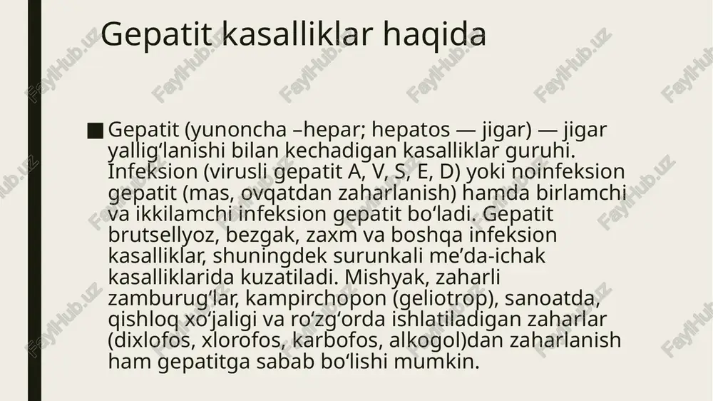 o’q boʻlish bosqichiga bog’liq. qonda ast va alt jigar fermentlari sonining ko’payishi aniqlanadi. o’ziga xos bo’lmagan simptomlar orasida tez-tez qichishish, spirtli ichimliklarga allergiya, yumshagan axlat bor. surunkali gepatitning alomatlari jigar etishmovchiligi. tananing umumiy zaifligi. depressiya. qorin bo’shlig’idagi noqulaylik. ishtaha qisman yoki to’liq yo’qolishi. ba’zi hollarda sariqlik paydo bo’lishi mumkin. teri qichishi. o‘ng gipoxondriyadagi bosim hissi. jigar hajmining oshishi, bu tekshirilganda paypaslanganda yaqqol namoyon bo’ladi. surunkali gepatit diagnostikasi diagnostika faoliyati maxsus shifokor tomonidan amalga oshiriladigan bir qator muolajalarni o’z ichiga oladi: ichki organlarning ko’payishi uchun qorin bo’shlig’ini palpatsiya qilish. jigar hajmini tekshirish. umumiy laboratoriya tahlili uchun qon olish. qo‘shimchalarni aniqlash. surunkali gepatitning paydo bo’lishiga olib kelishi mumkin bo’lgan omillar (giyohvand moddalar, yomon odatlar)ni aniqlash. ishqor darajasini aniqlash uchun jigar testlarini o’tkazish. qorin bo’shlig’i organlarining ultratovush tekshiruvi . jigarning kt tekshiruvi. najas va siydikning laboratoriya tahlili. surunkali gepatitning oldini olish umumiy profilaktika choralariga kelsak: muvozanatli ovqatlanish. immunitetning yuqori darajasini saqlab turish uchun …